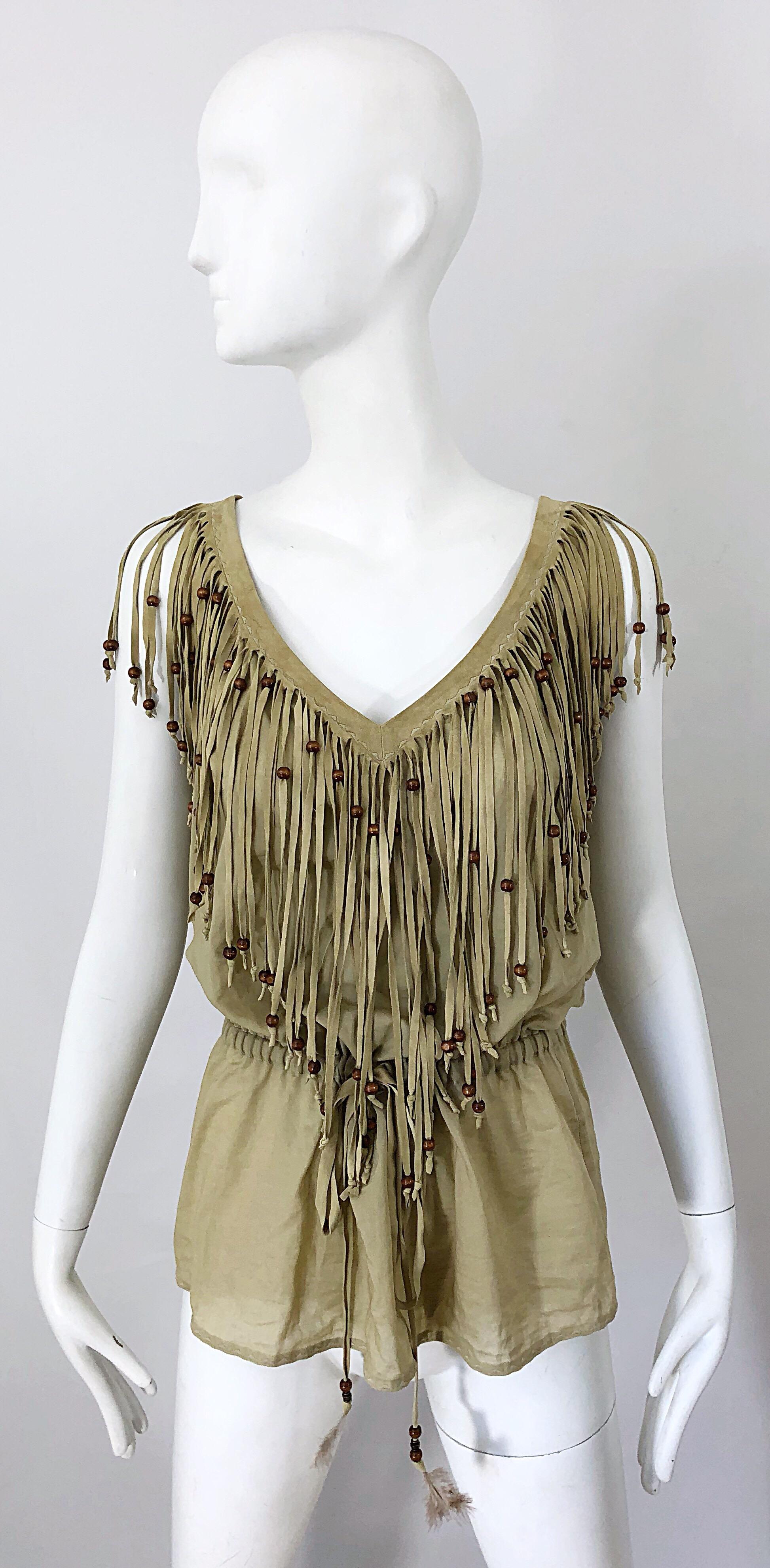 Amazing late 90s vintage DOLCE & GABBANA khaki / brown cotton and suede beaded fringe boho shirt ! Features a flattering drawstring waist that can adjust to fit an array of sizes. Lightweight cotton with suede leather edge along the front and back