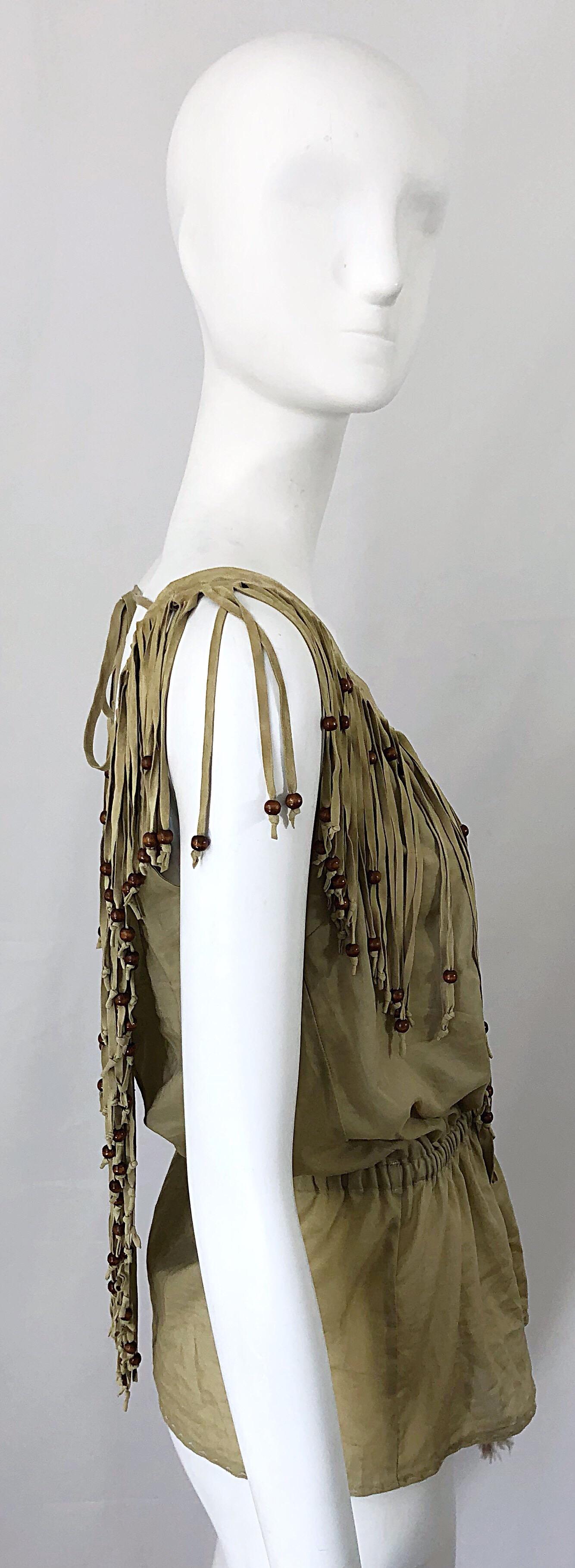 1990s Dolce & Gabbana Khaki / Brown Cotton and Suede Feathers Beaded Boho Blouse In Excellent Condition For Sale In San Diego, CA