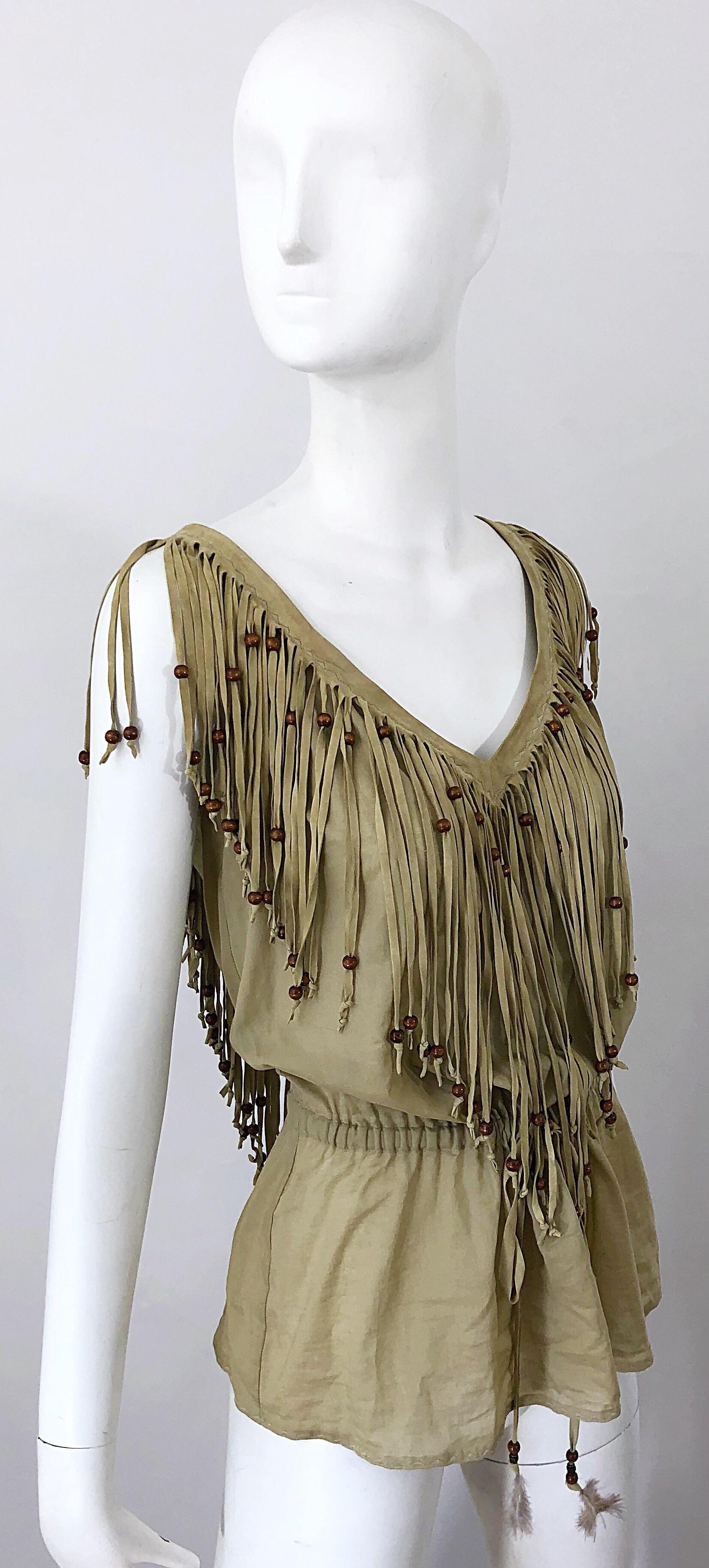 1990s Dolce & Gabbana Khaki / Brown Cotton and Suede Feathers Beaded Boho Blouse For Sale 1