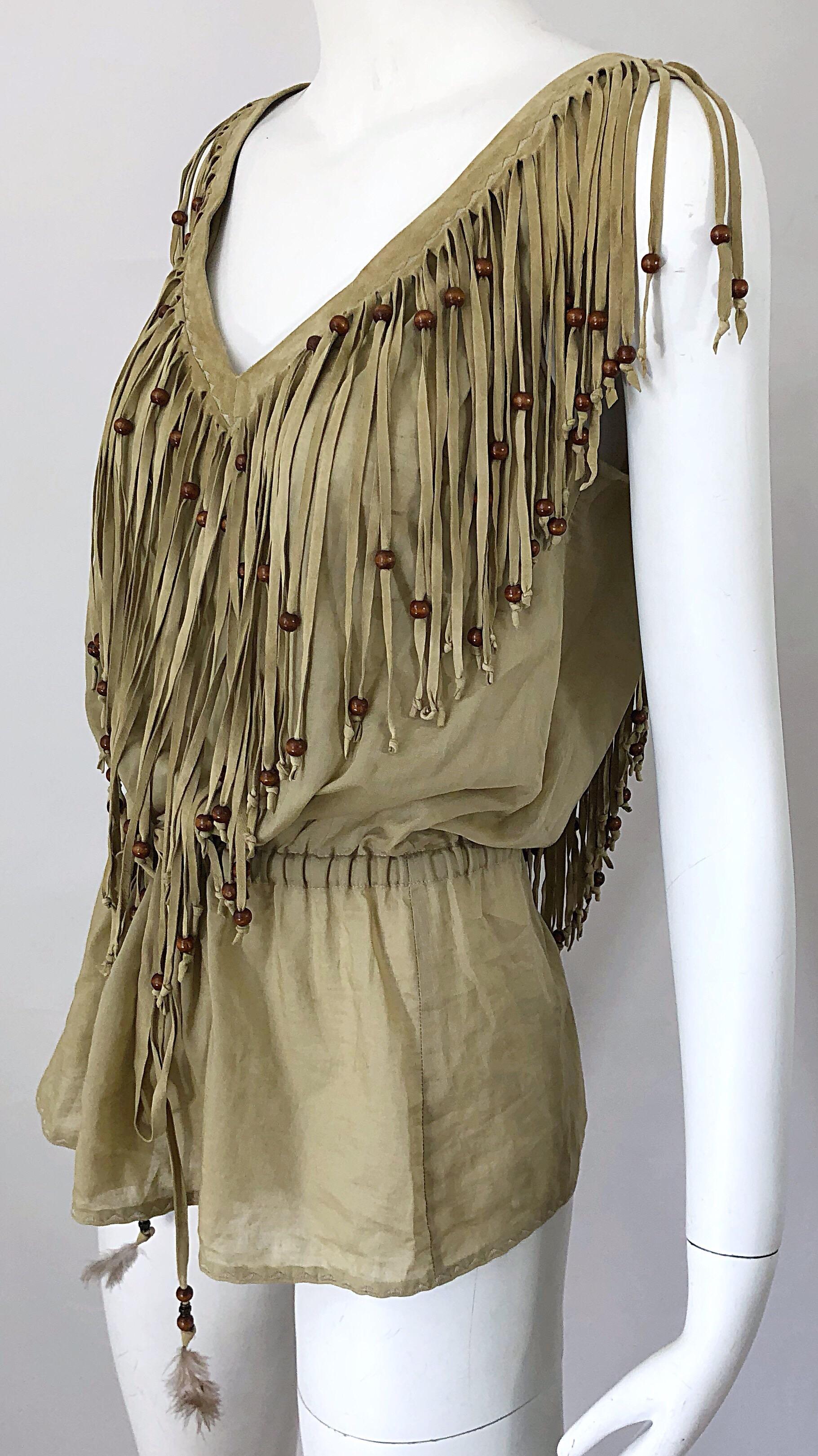 1990s Dolce & Gabbana Khaki / Brown Cotton and Suede Feathers Beaded Boho Blouse For Sale 2