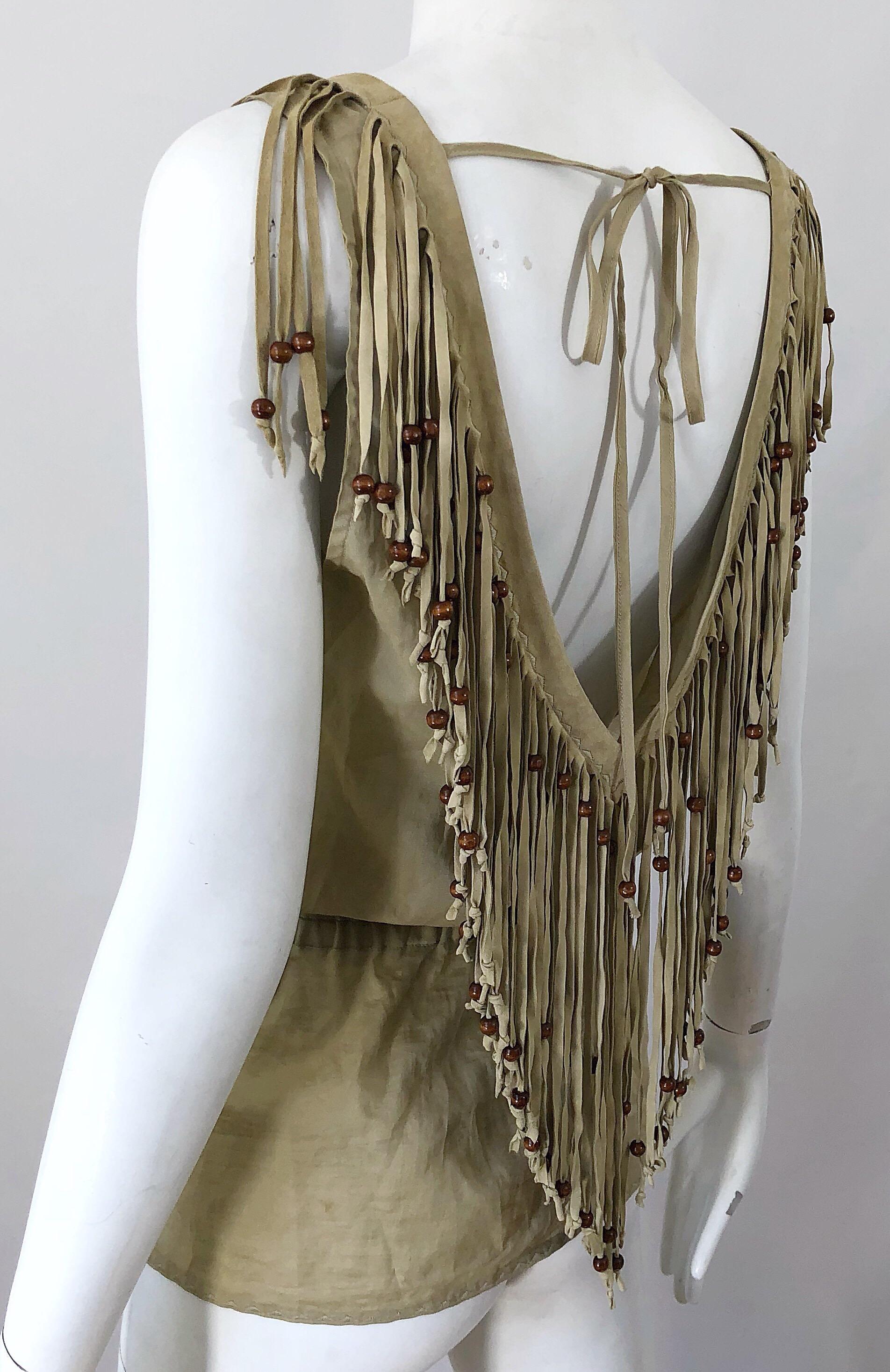 1990s Dolce & Gabbana Khaki / Brown Cotton and Suede Feathers Beaded Boho Blouse For Sale 3