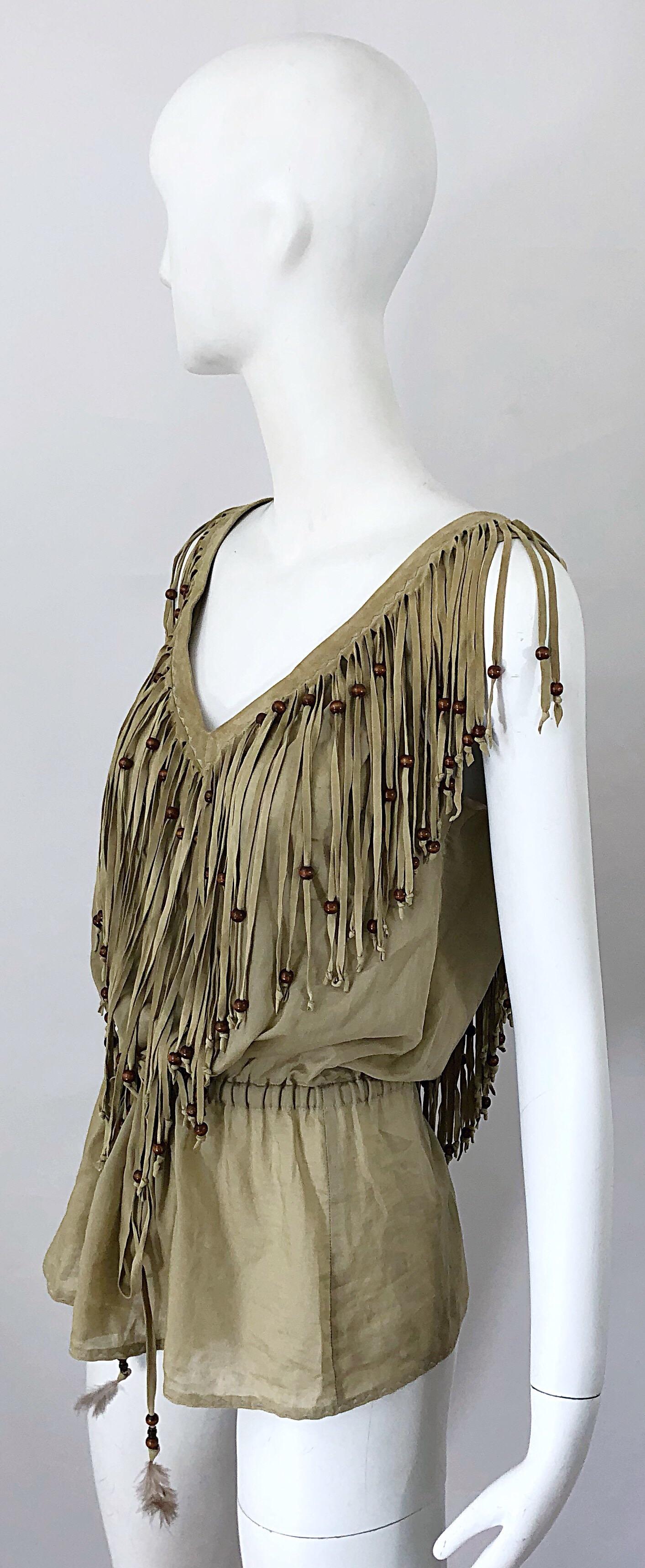 1990s Dolce & Gabbana Khaki / Brown Cotton and Suede Feathers Beaded Boho Blouse For Sale 4