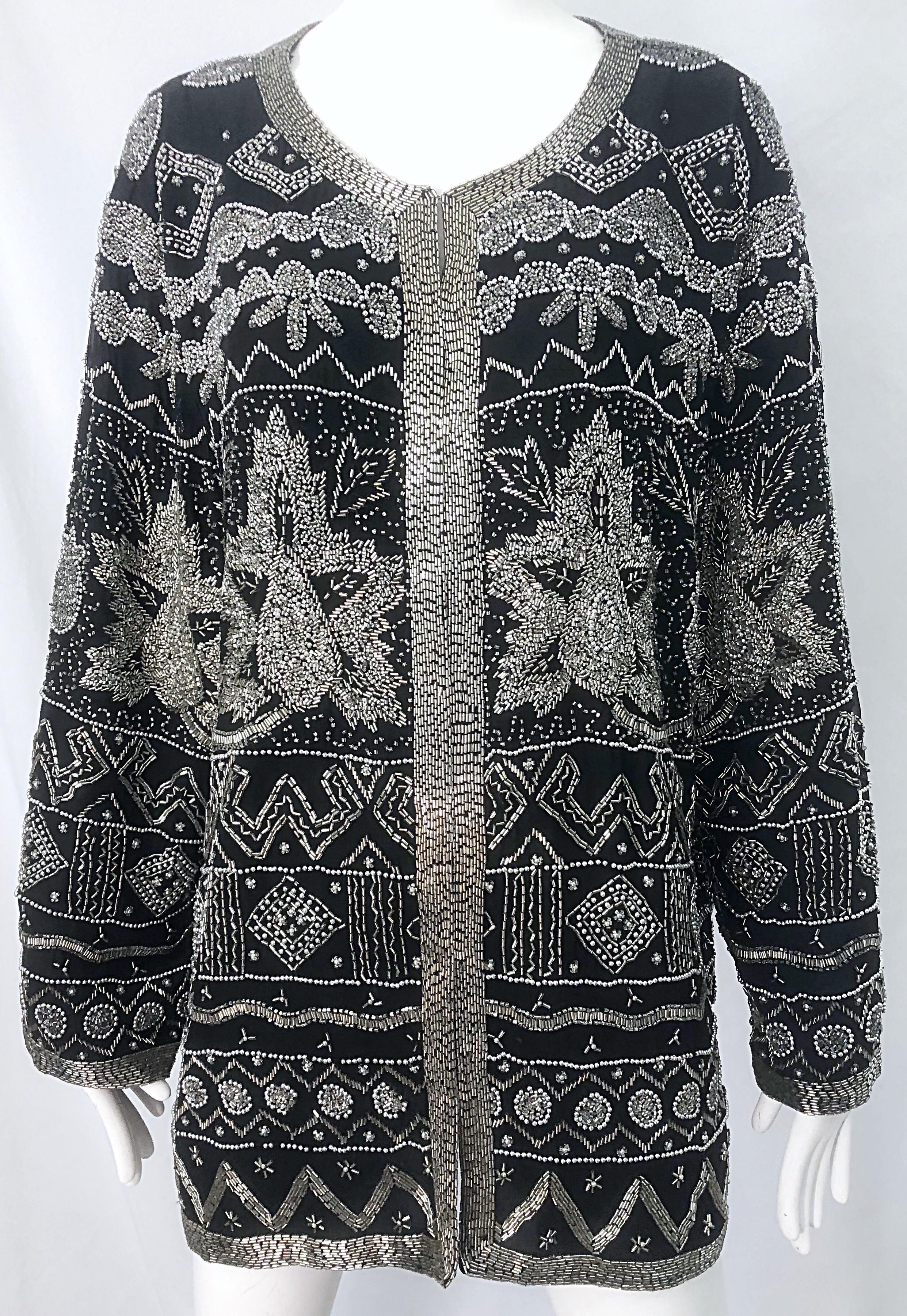 Intricate 1990s Heavily Beaded 3XL Black Silver Sequined Vintage 90s Jacket Top For Sale 8