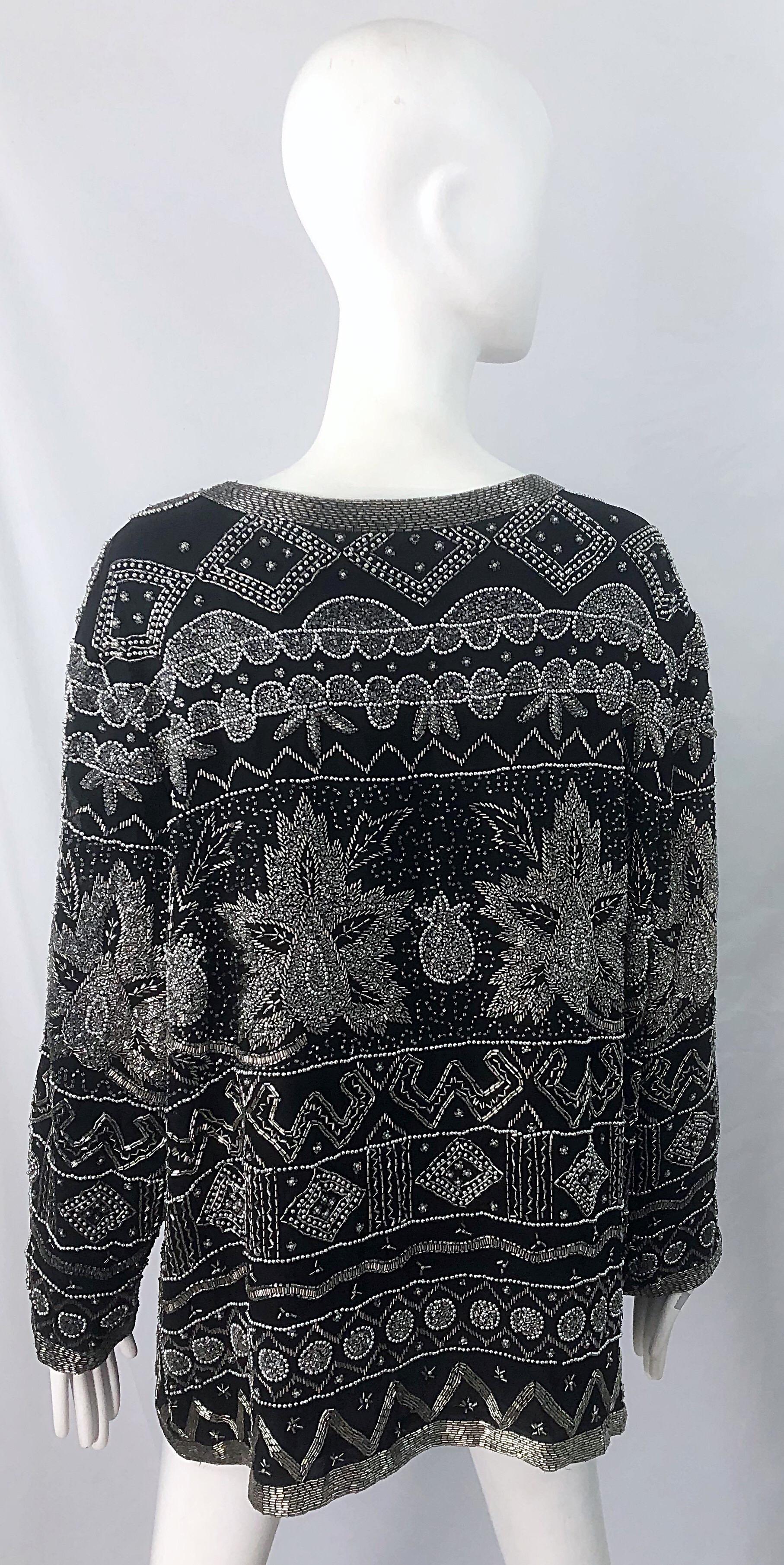 Intricate 1990s Heavily Beaded 3XL Black Silver Sequined Vintage 90s Jacket Top For Sale 9