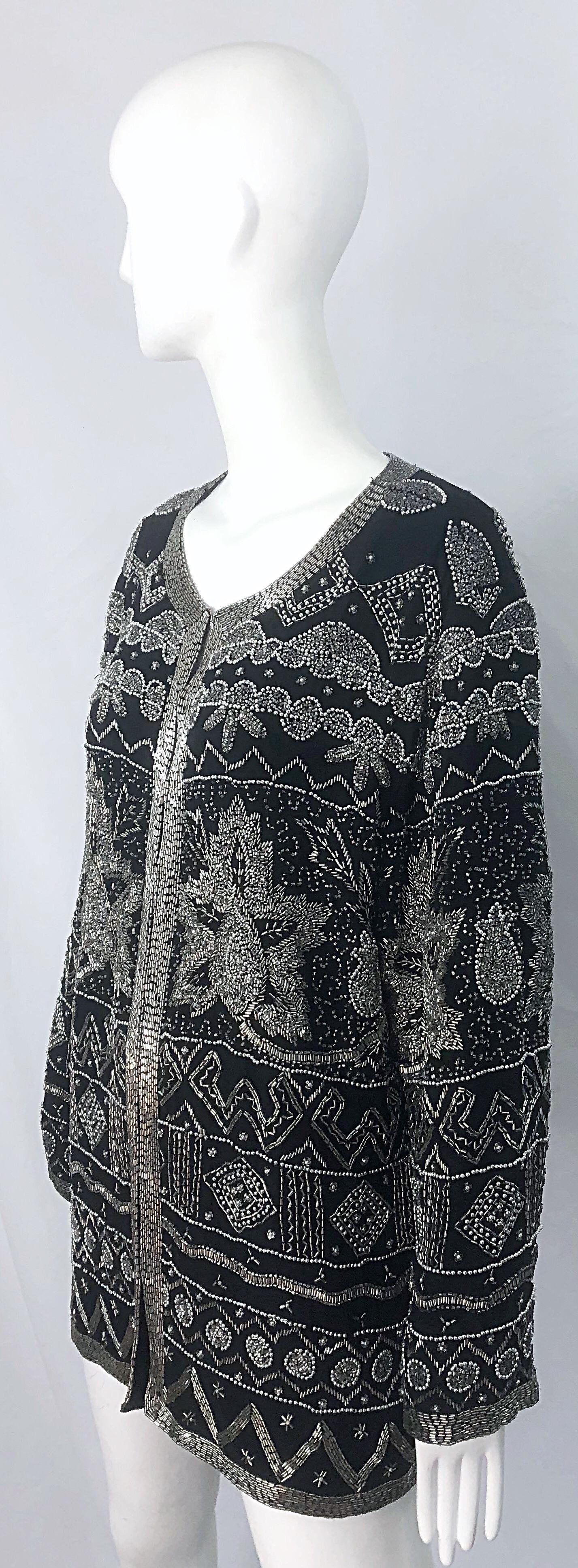 Intricate 1990s Heavily Beaded 3XL Black Silver Sequined Vintage 90s Jacket Top For Sale 10