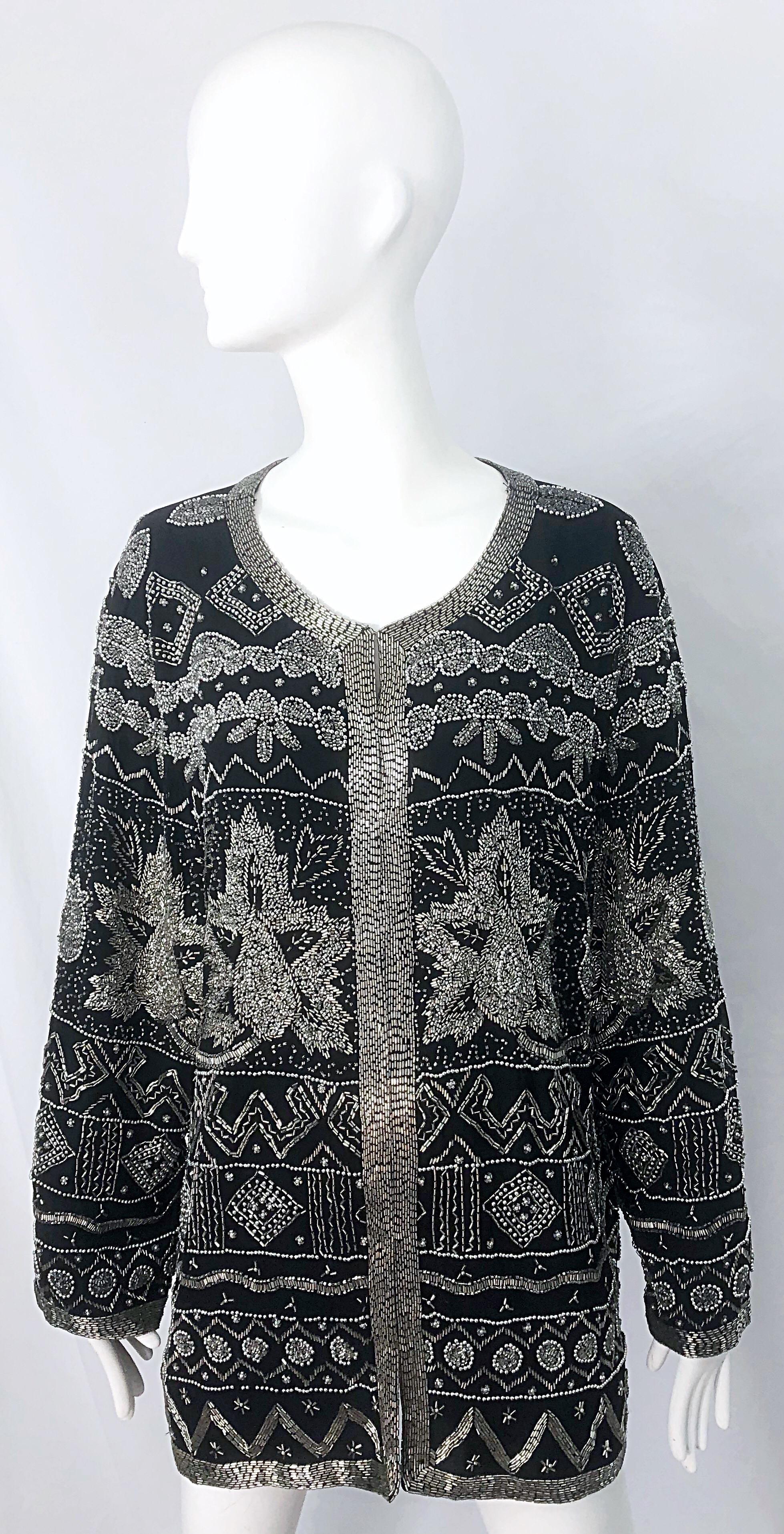 Intricate 1990s Heavily Beaded 3XL Black Silver Sequined Vintage 90s Jacket Top For Sale 12