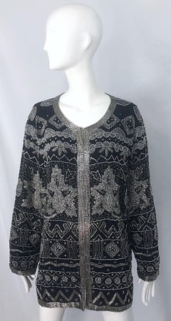 Intricate 1990s Heavily Beaded 3XL Black Silver Sequined Vintage 90s Jacket Top