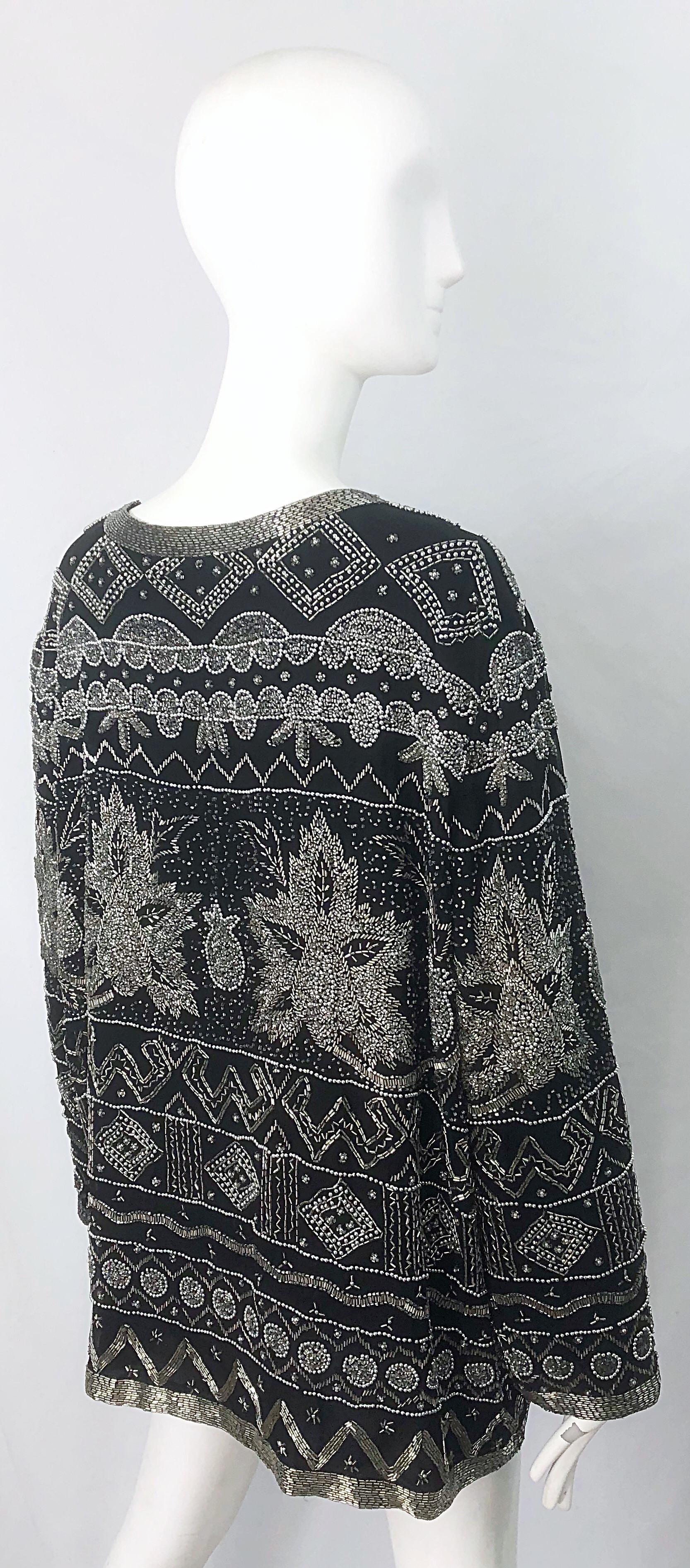Women's Intricate 1990s Heavily Beaded 3XL Black Silver Sequined Vintage 90s Jacket Top For Sale