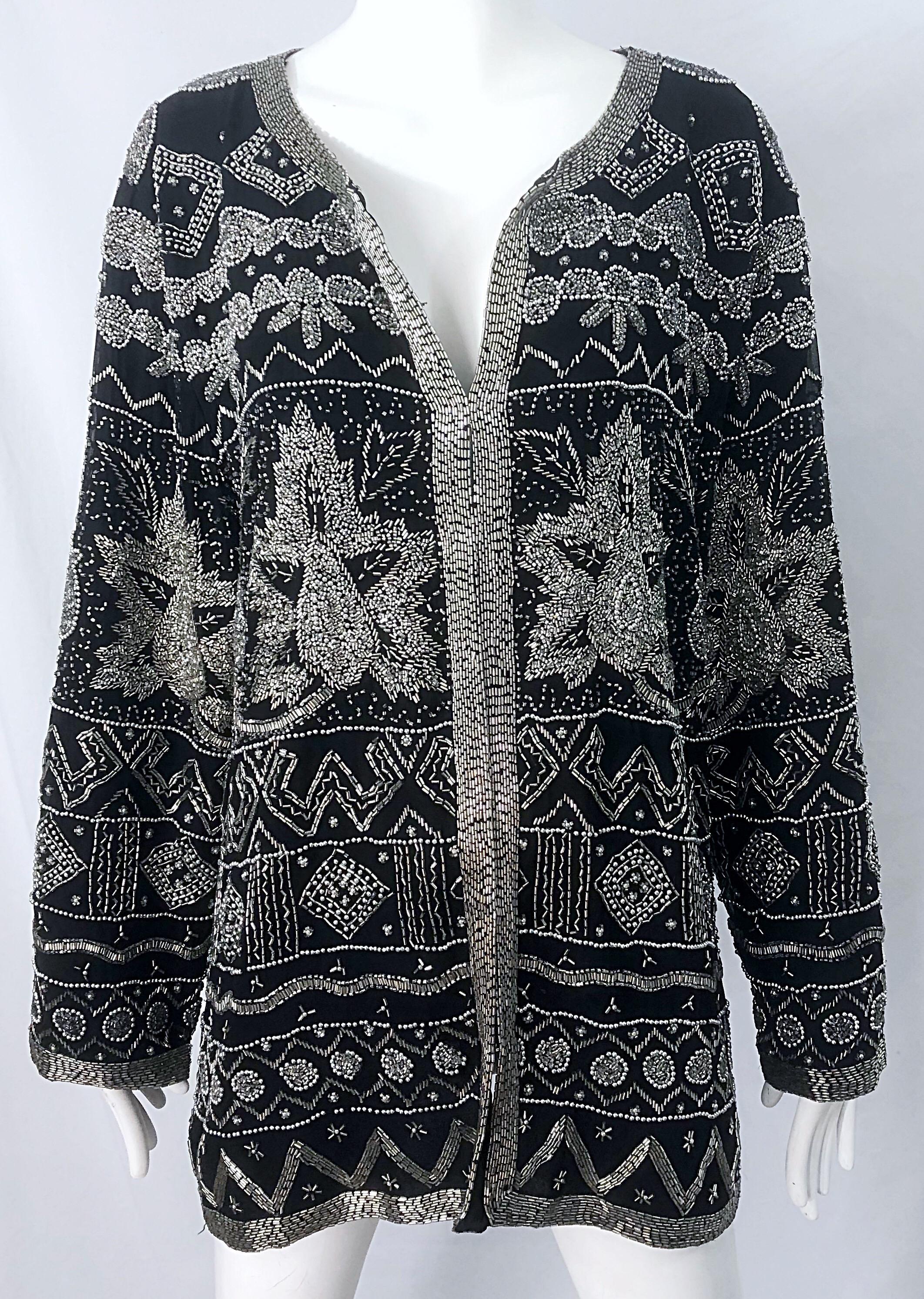 Intricate 1990s Heavily Beaded 3XL Black Silver Sequined Vintage 90s Jacket Top For Sale 1