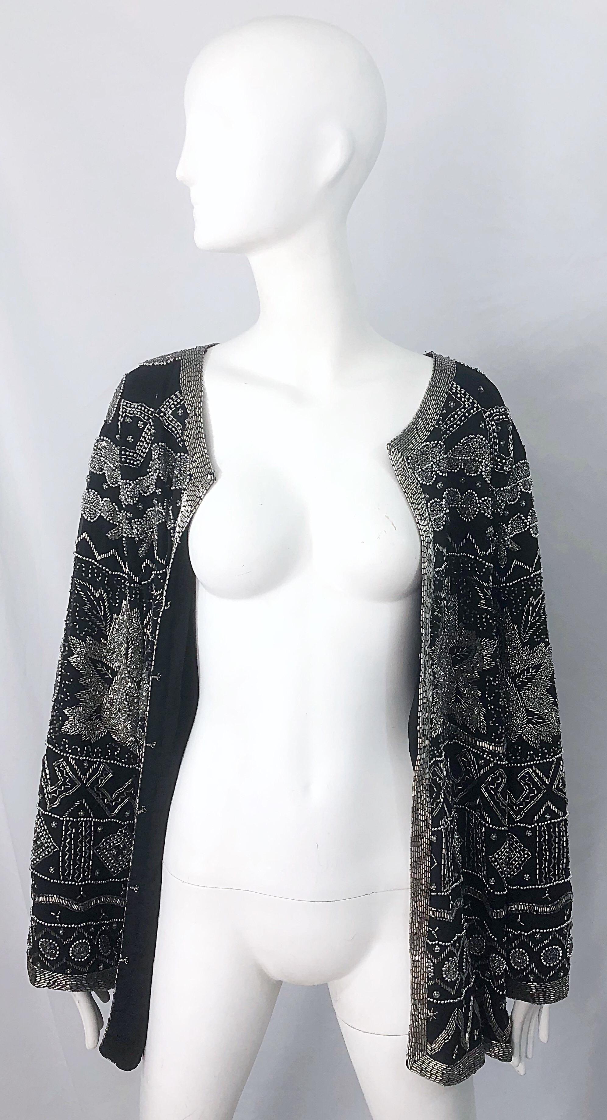 Intricate 1990s Heavily Beaded 3XL Black Silver Sequined Vintage 90s Jacket Top For Sale 2