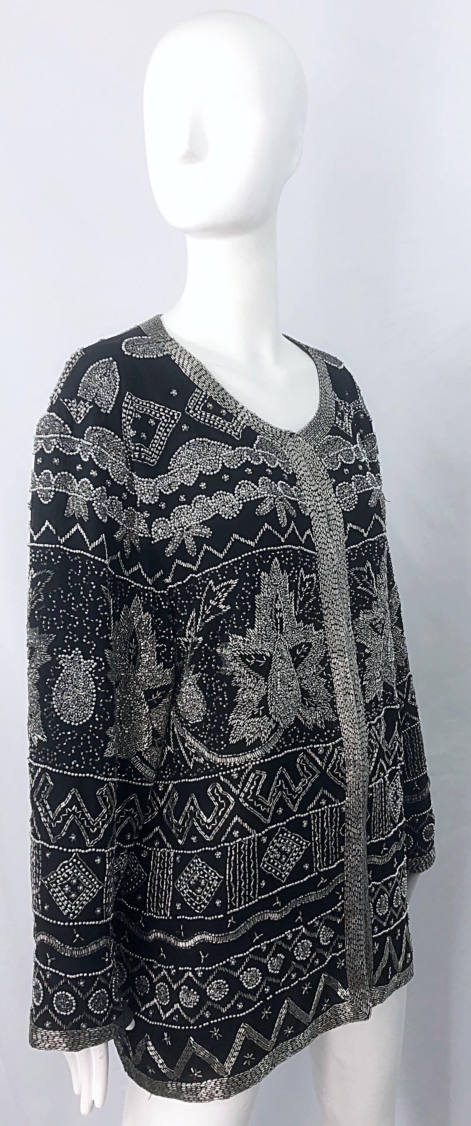 Intricate 1990s Heavily Beaded 3XL Black Silver Sequined Vintage 90s Jacket Top For Sale 4