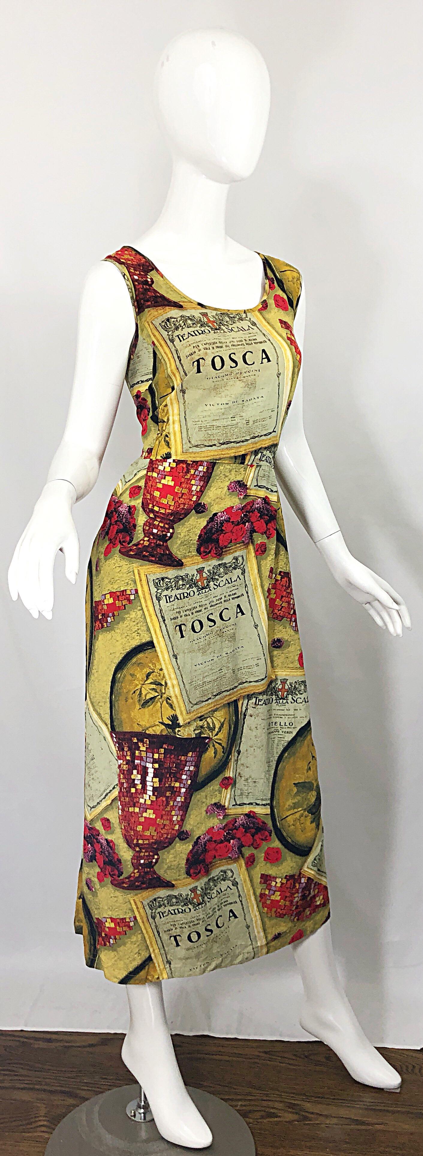 Amazing 1990s Novelty Tosca Opera Wine Print Large Size Vintage 90s Maxi Dress  In Excellent Condition For Sale In San Diego, CA