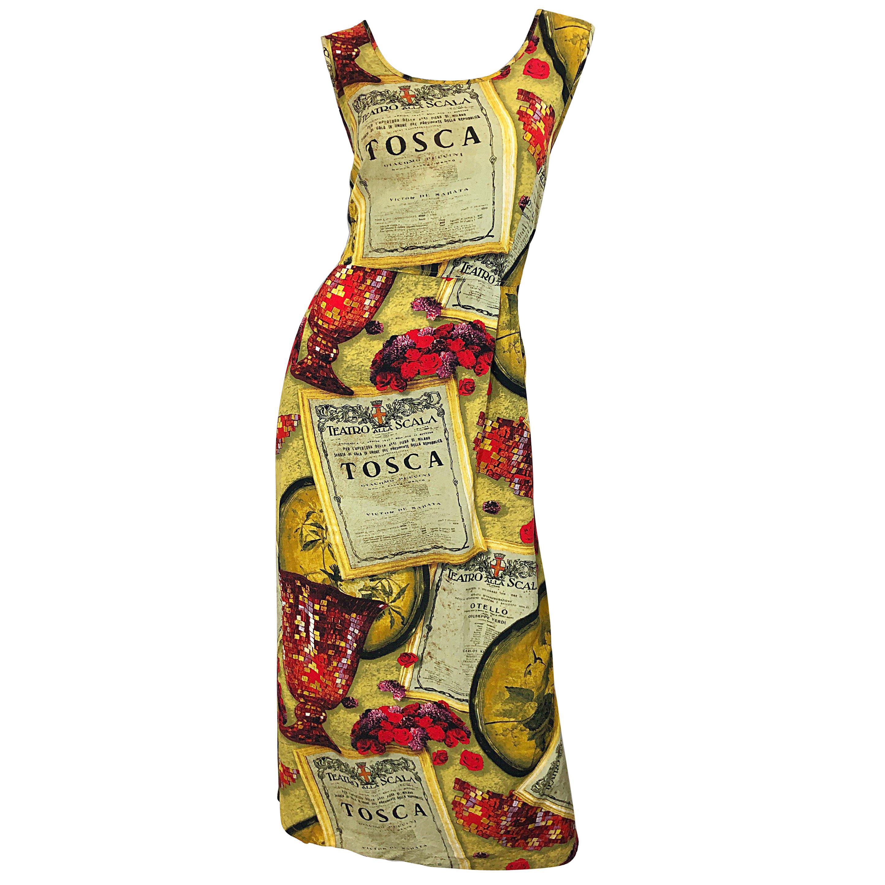 Amazing 1990s Novelty Tosca Opera Wine Print Large Size Vintage 90s Maxi Dress  For Sale