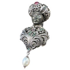 Vintage Amazing 1990s Sterling Silver and Precious Stones Italian Brooch