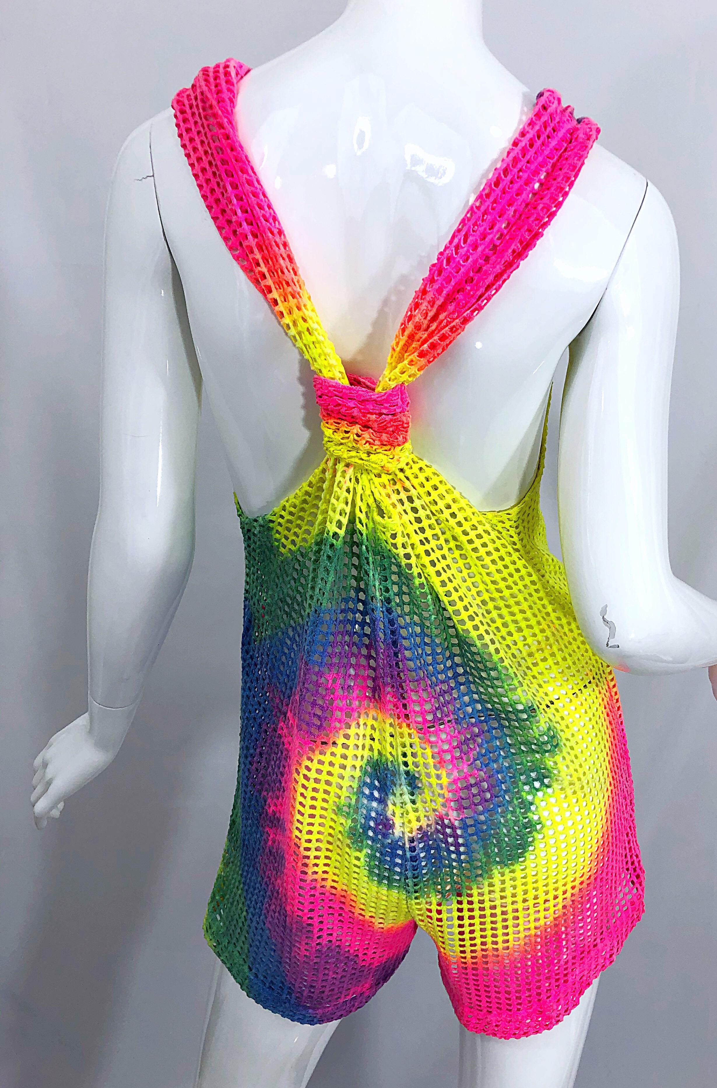 Amazing 1980s Tie Dyed Bright Colorful One Piece Fishnet Cut Out Vintage Romper For Sale 2