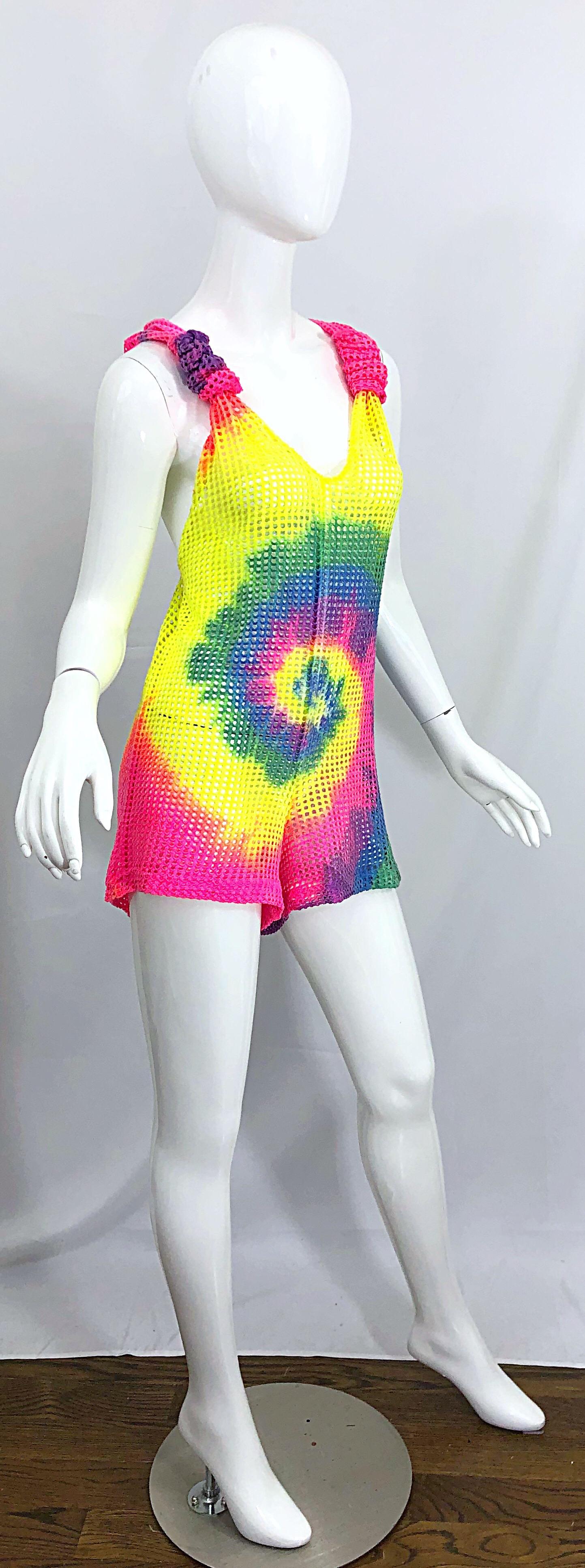 Amazing 1980s Tie Dyed Bright Colorful One Piece Fishnet Cut Out Vintage Romper For Sale 3