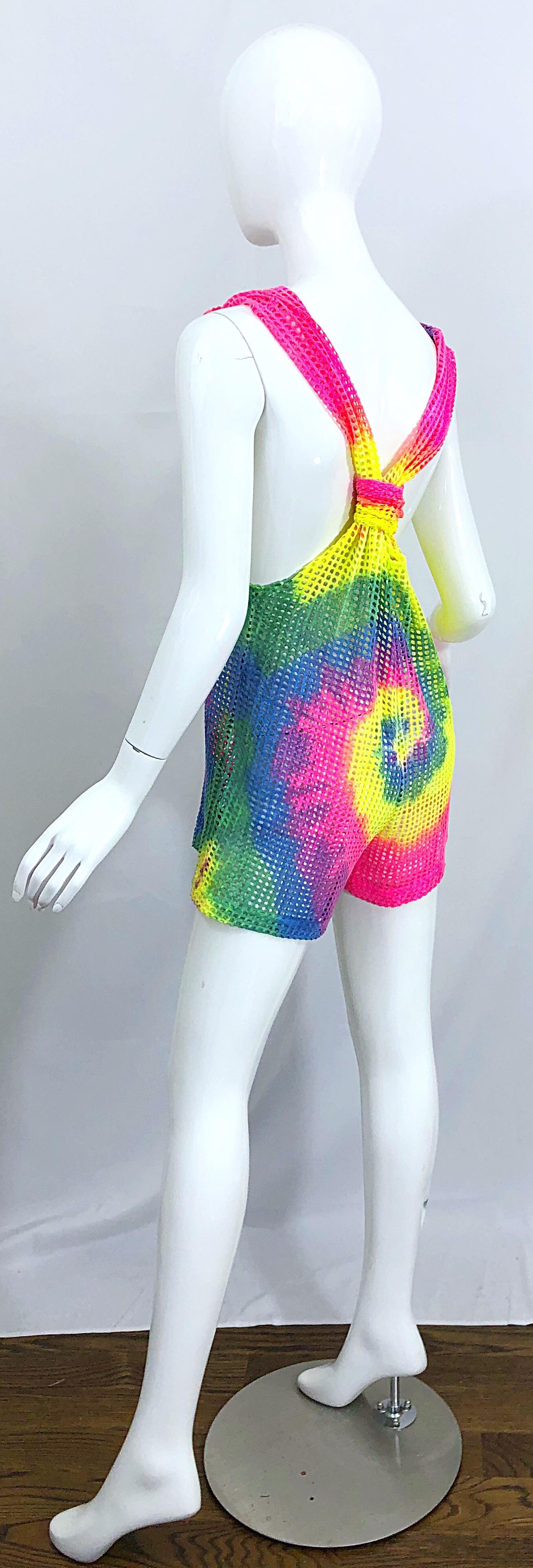Amazing 1980s Tie Dyed Bright Colorful One Piece Fishnet Cut Out Vintage Romper For Sale 4