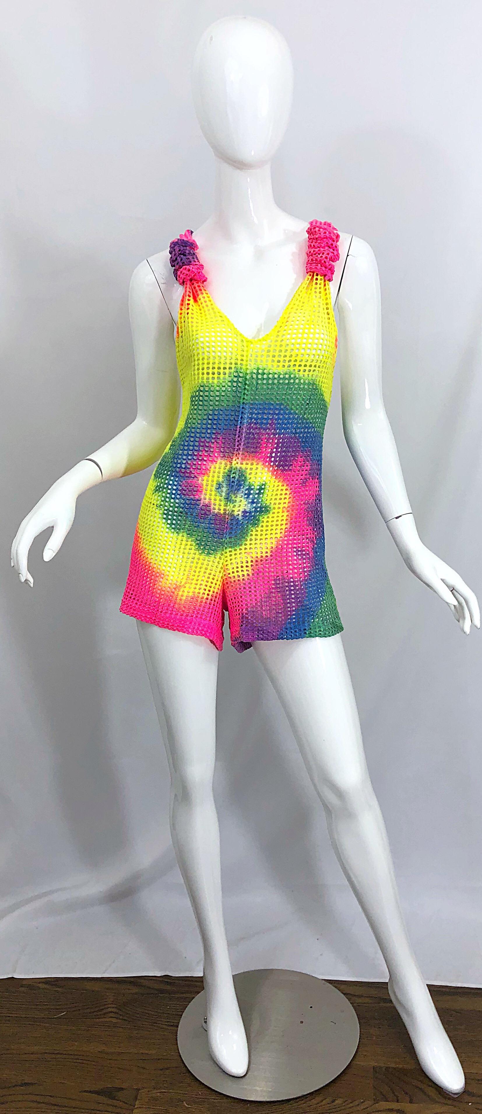 Amazing 1980s Tie Dyed Bright Colorful One Piece Fishnet Cut Out Vintage Romper For Sale 5
