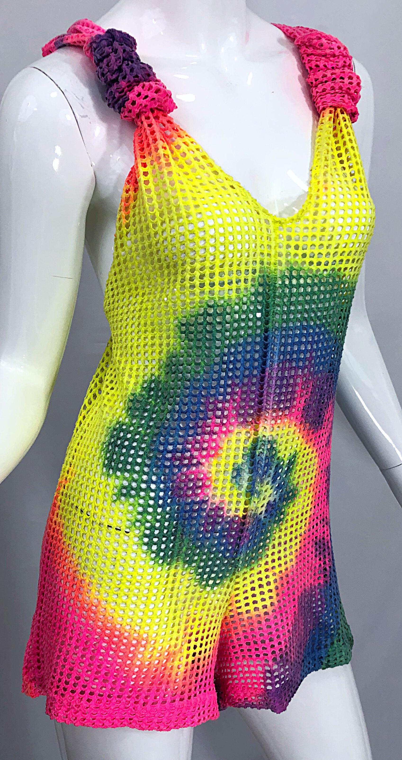 Amazing 1980s Tie Dyed Bright Colorful One Piece Fishnet Cut Out Vintage Romper In Excellent Condition For Sale In San Diego, CA