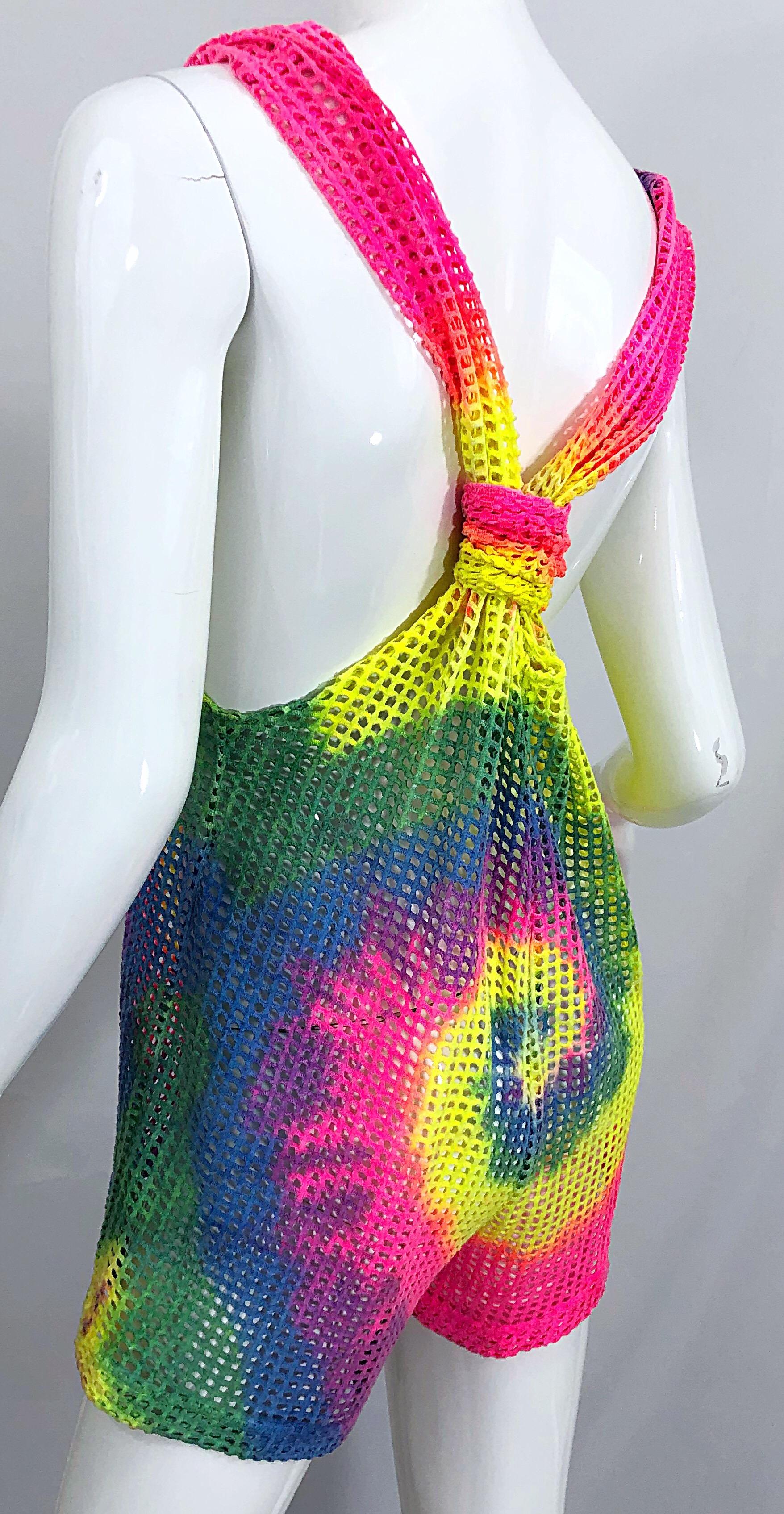 Women's Amazing 1980s Tie Dyed Bright Colorful One Piece Fishnet Cut Out Vintage Romper For Sale