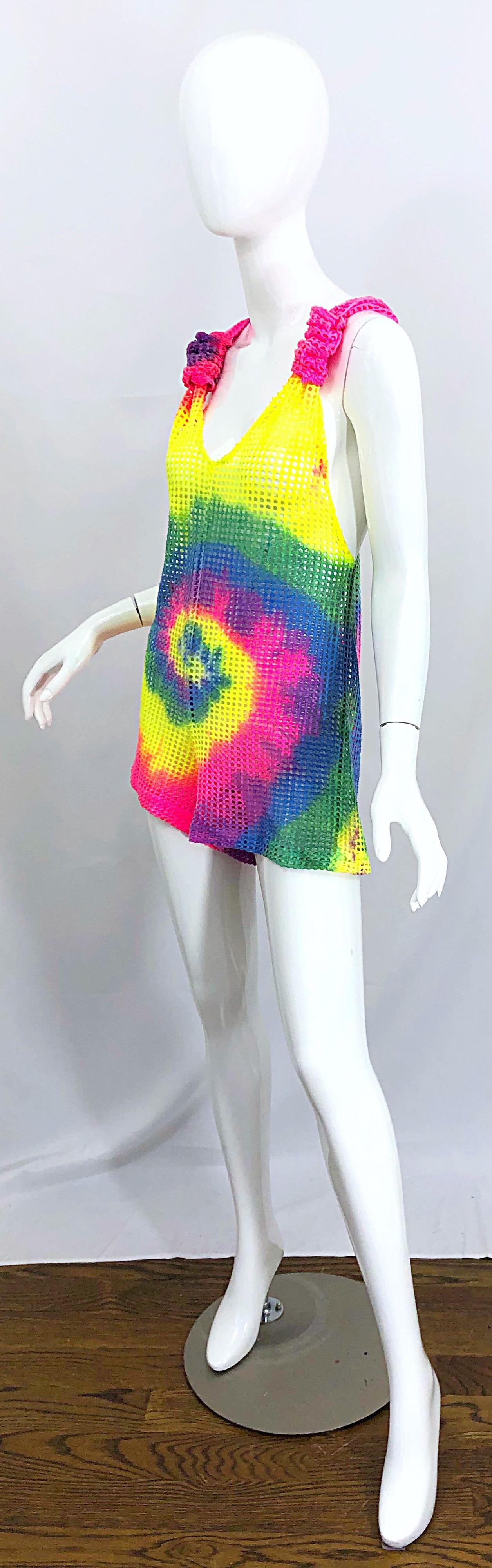 Amazing 1980s Tie Dyed Bright Colorful One Piece Fishnet Cut Out Vintage Romper For Sale 1