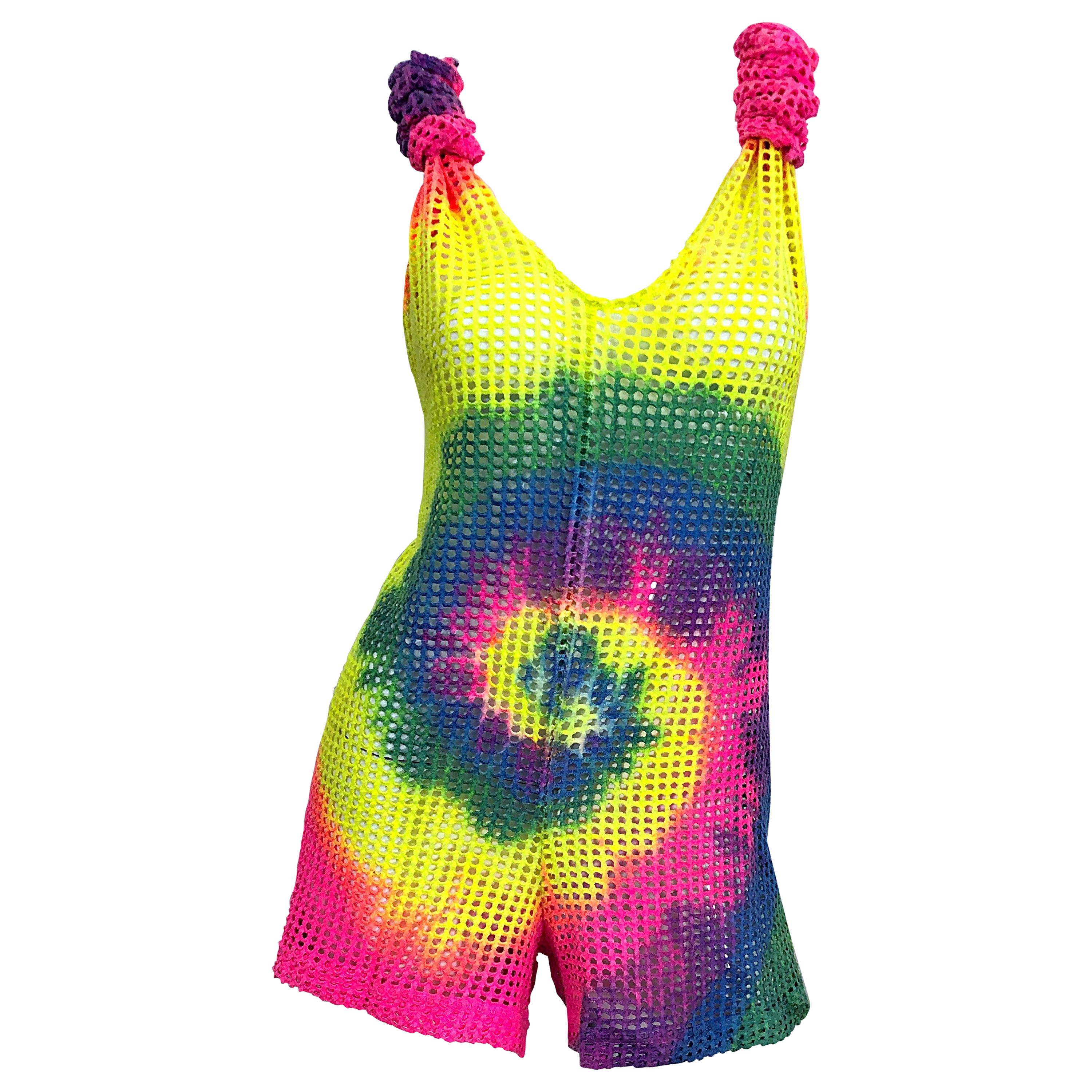 Amazing 1980s Tie Dyed Bright Colorful One Piece Fishnet Cut Out Vintage Romper