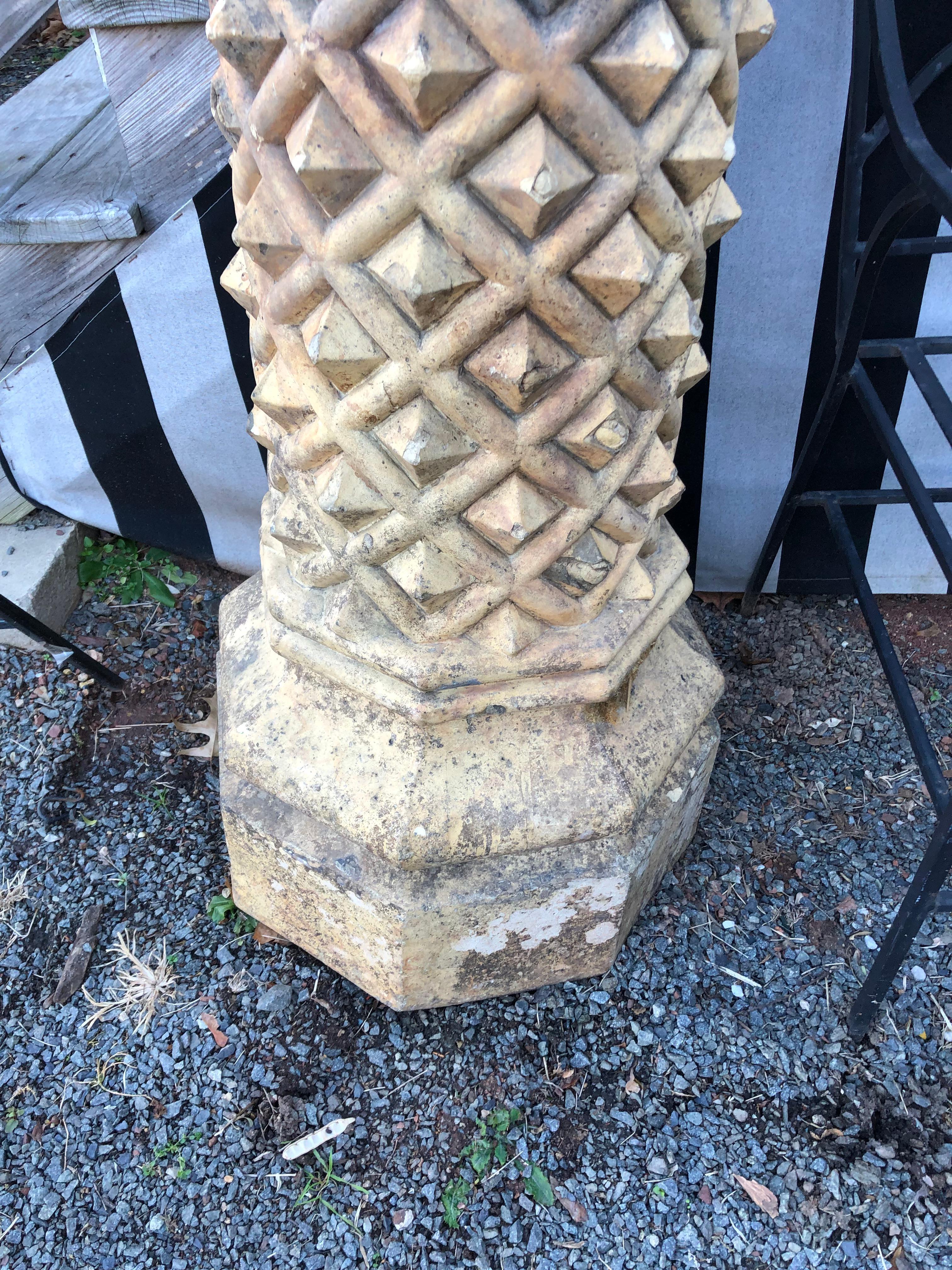 Probably the nicest 19th century English terra cotta chimney cap we have ever seen, like a sculpted porcupine of a column, paired with a bronze 20th century sundial. Beautiful in a garden or left of center home indoors! Incredible found object.