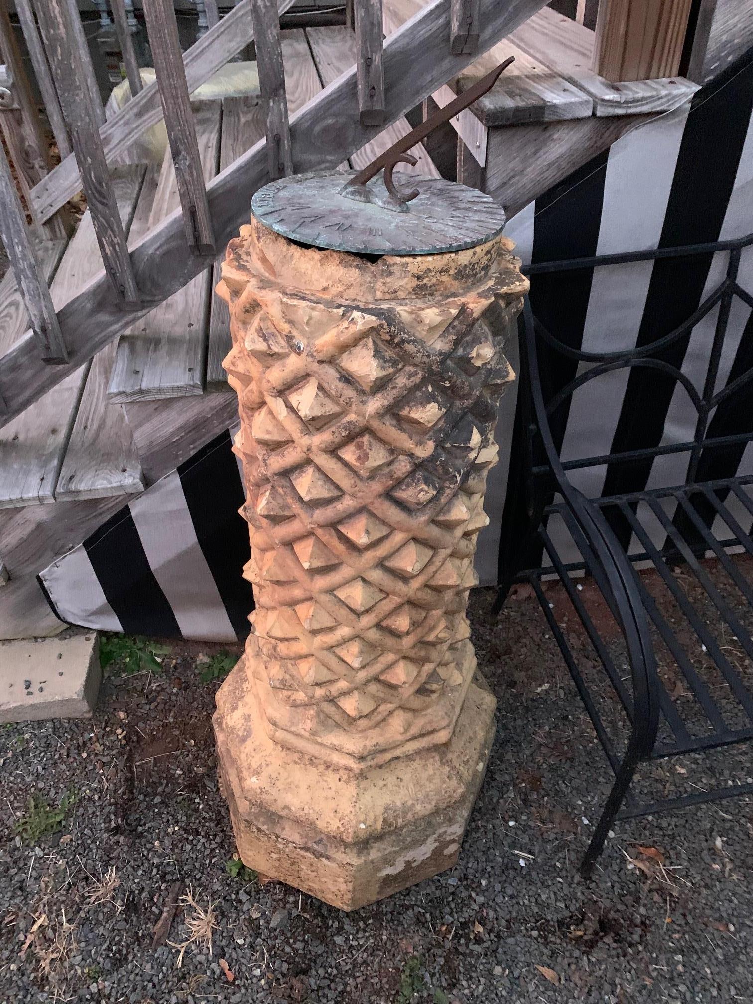 Amazing 19th Century Terracotta Column with Bronze Sundial In Fair Condition In Hopewell, NJ