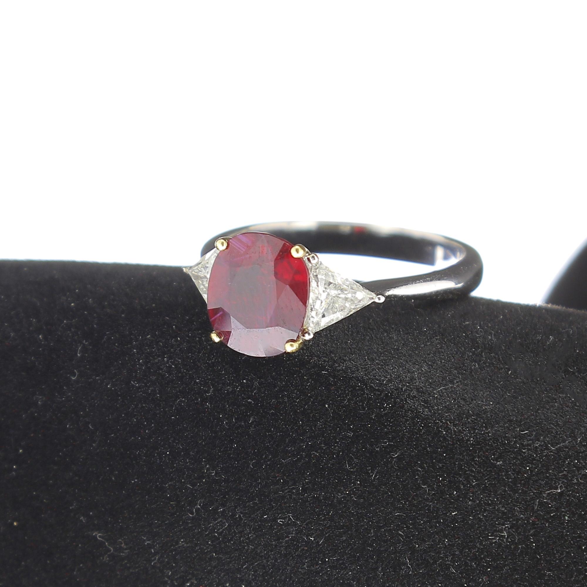 Cushion Cut  2.08 Carat Cushion Ruby Ring Certified Three-Stone Rings Diamond Rings For Sale