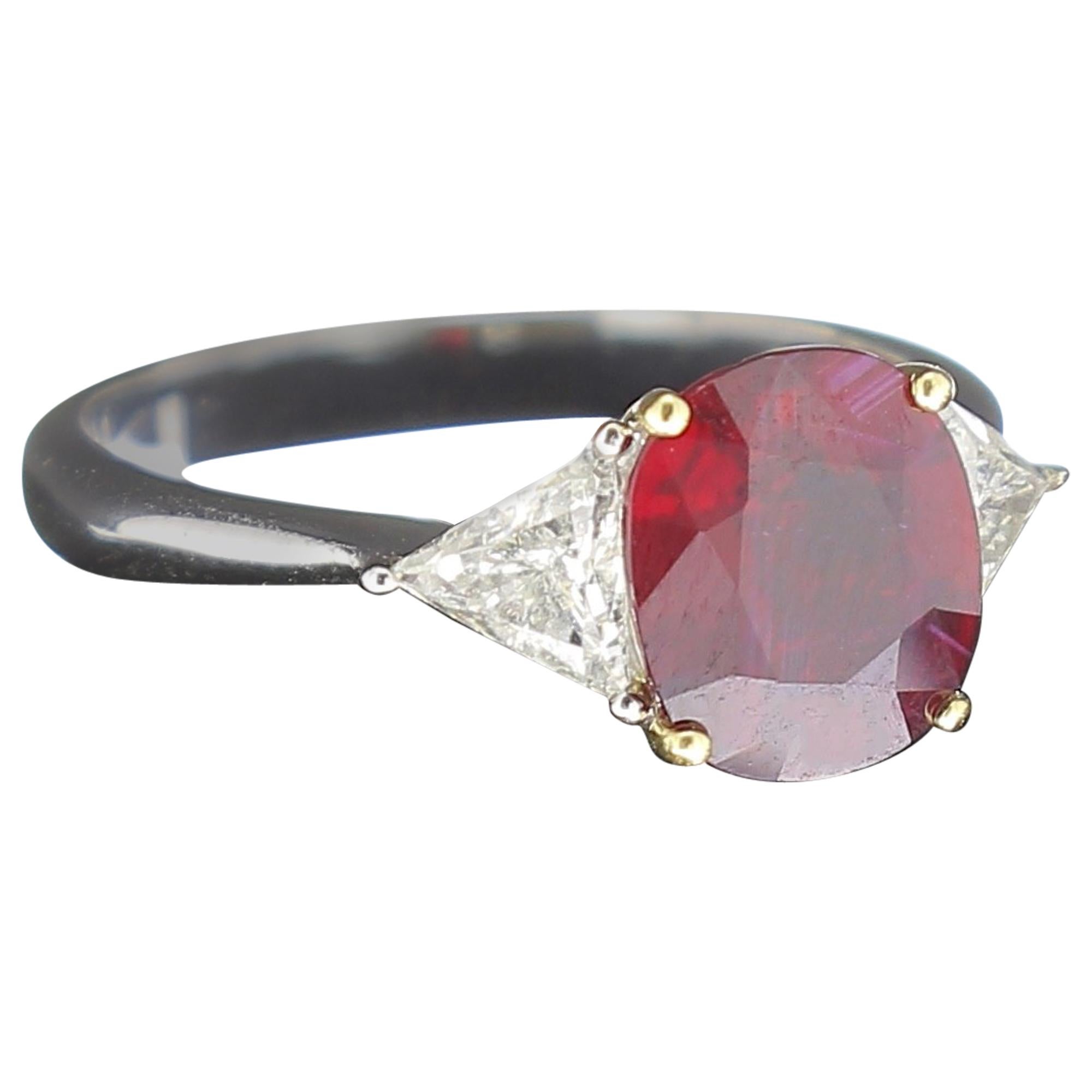  2.08 Carat Cushion Ruby Ring Certified Three-Stone Rings Diamond Rings For Sale