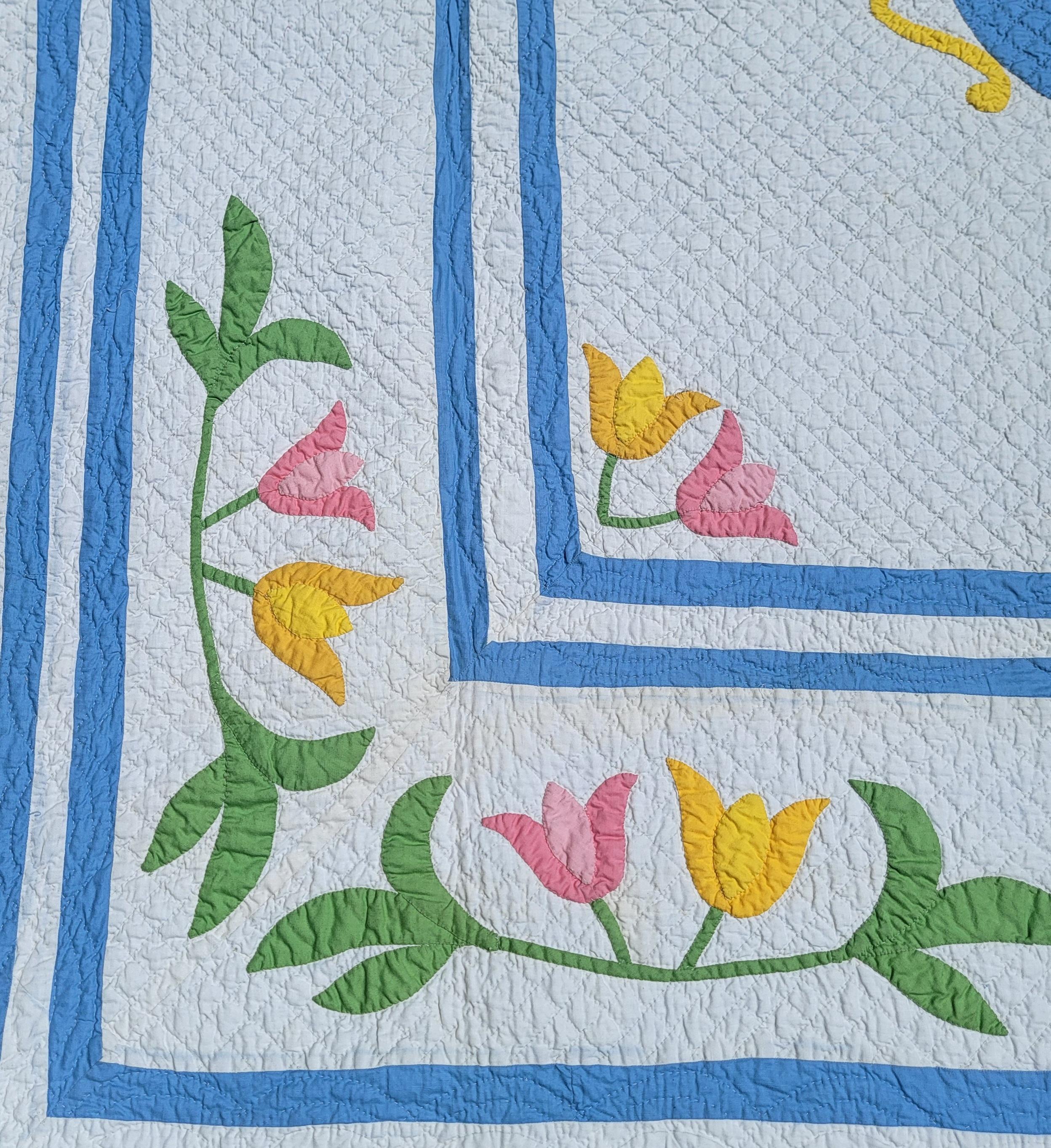 Questo fantastico pastello floreale  L'applique è in ottime condizioni, con una trapuntatura e un lavoro di applique molto raffinati. Il lavoro all'ago e la trapuntatura sono i migliori.