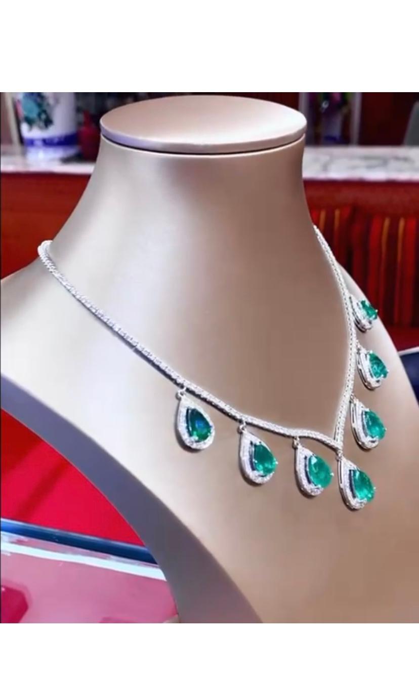 Pear Cut Amazing 26.67 Carats of Emeralds and Diamonds on Necklace For Sale