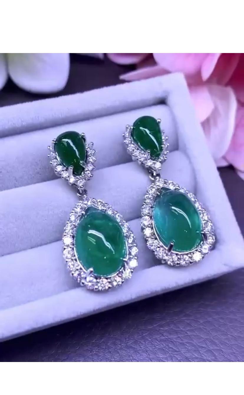 Cabochon AIG Certified 29.60 Ct. Zambian Emeralds 2.98 Ct Diamonds 18K Gold Earrings For Sale