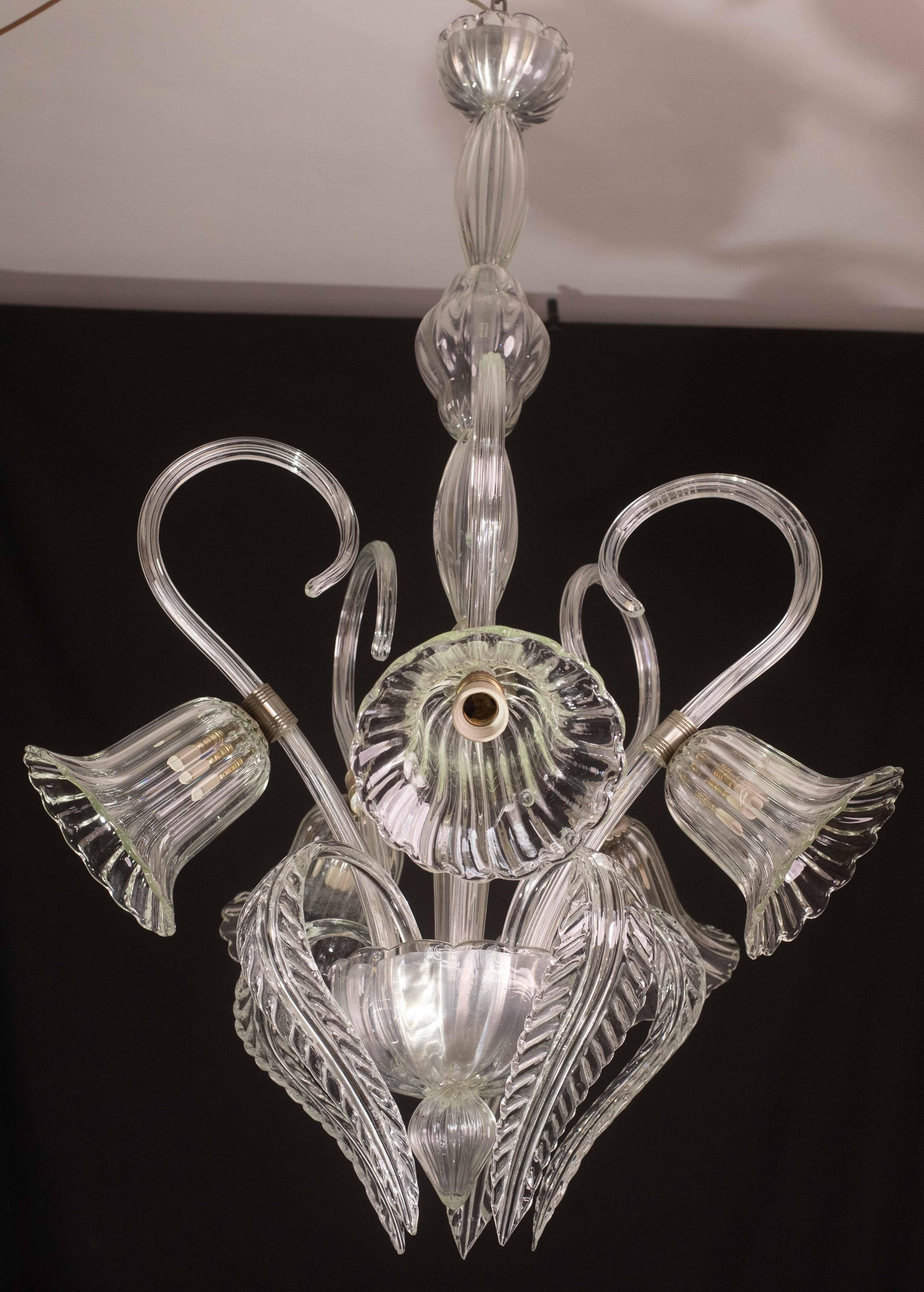 Amazing 5 Light Art Deco Murano Glass and Brass Chrome Chandelier by Barovier For Sale 5