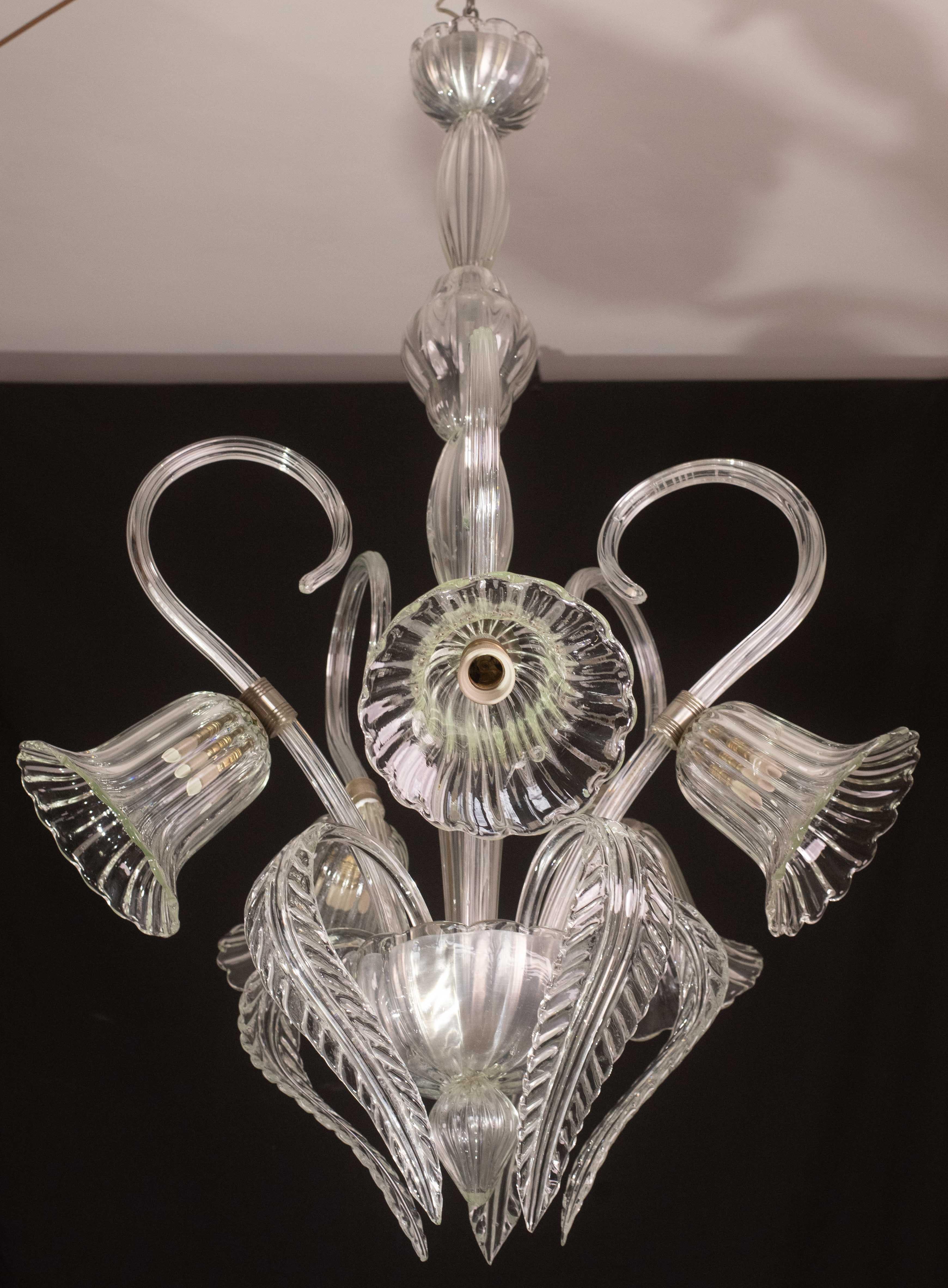 Amazing 5 Light Art Deco Murano Glass and Brass Chrome Chandelier by Barovier In Good Condition For Sale In Roma, IT