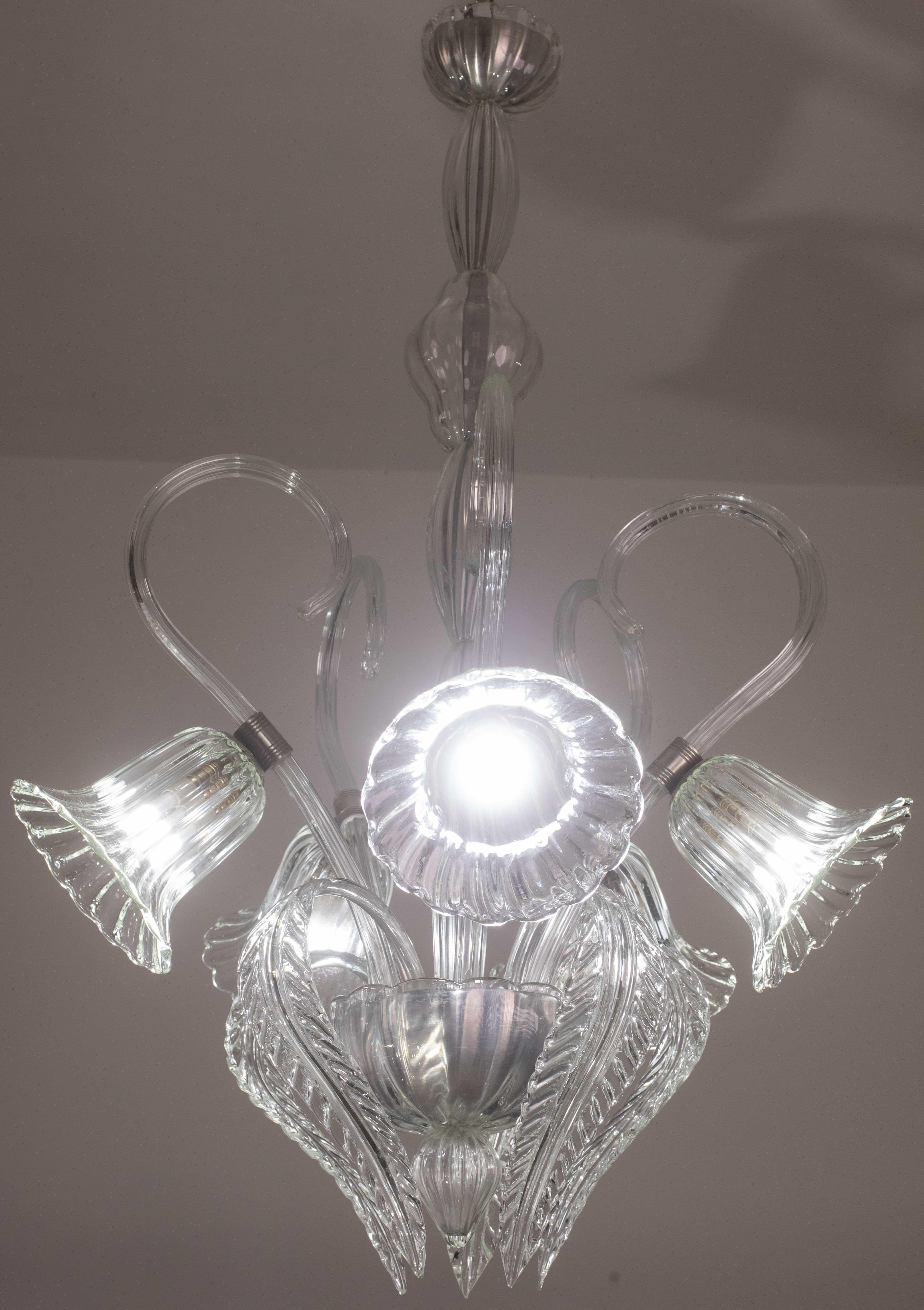 Mid-20th Century Amazing 5 Light Art Deco Murano Glass and Brass Chrome Chandelier by Barovier For Sale