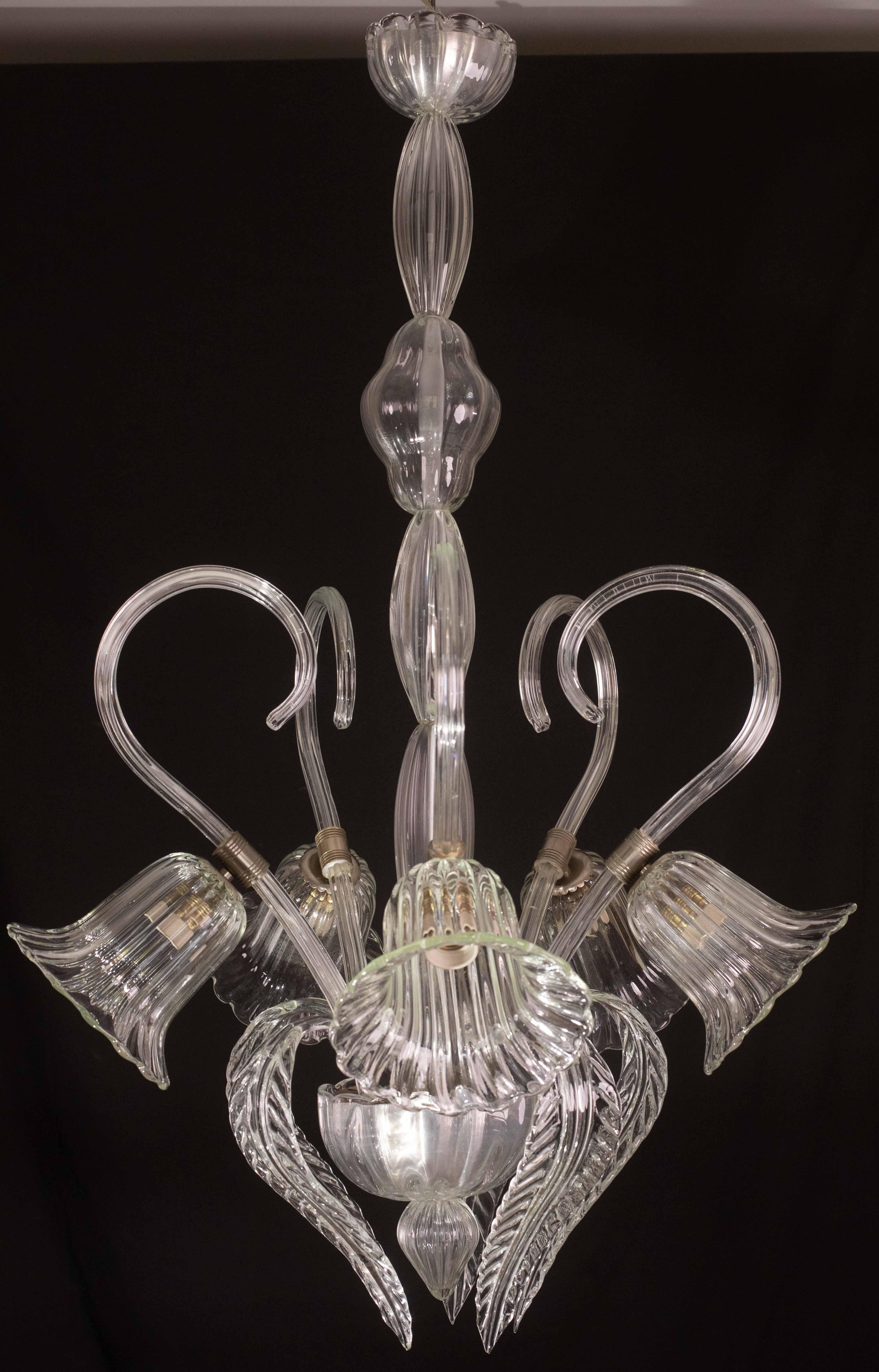 Amazing 5 Light Art Deco Murano Glass and Brass Chrome Chandelier by Barovier For Sale 1