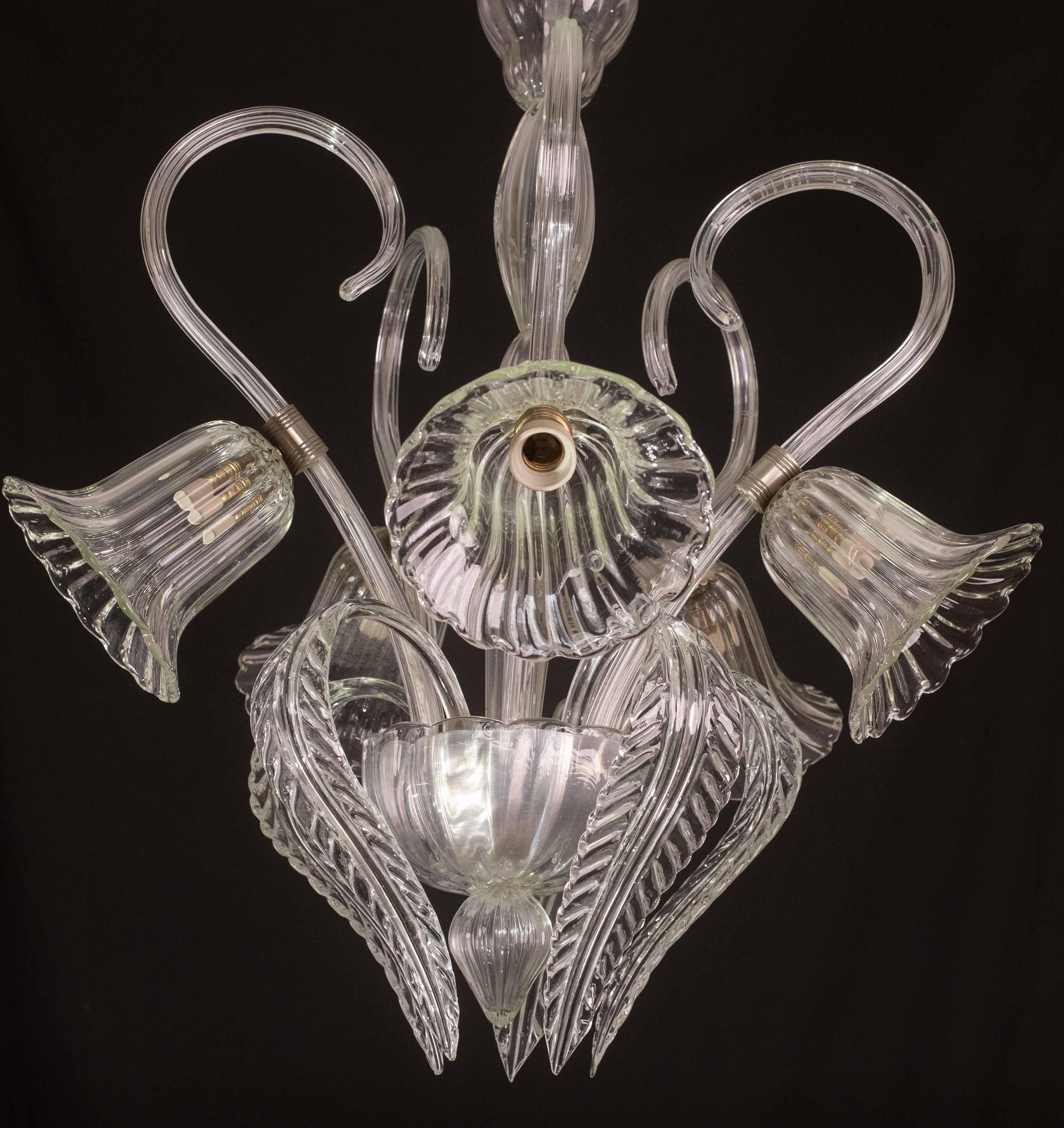 Amazing 5 Light Art Deco Murano Glass and Brass Chrome Chandelier by Barovier For Sale 3