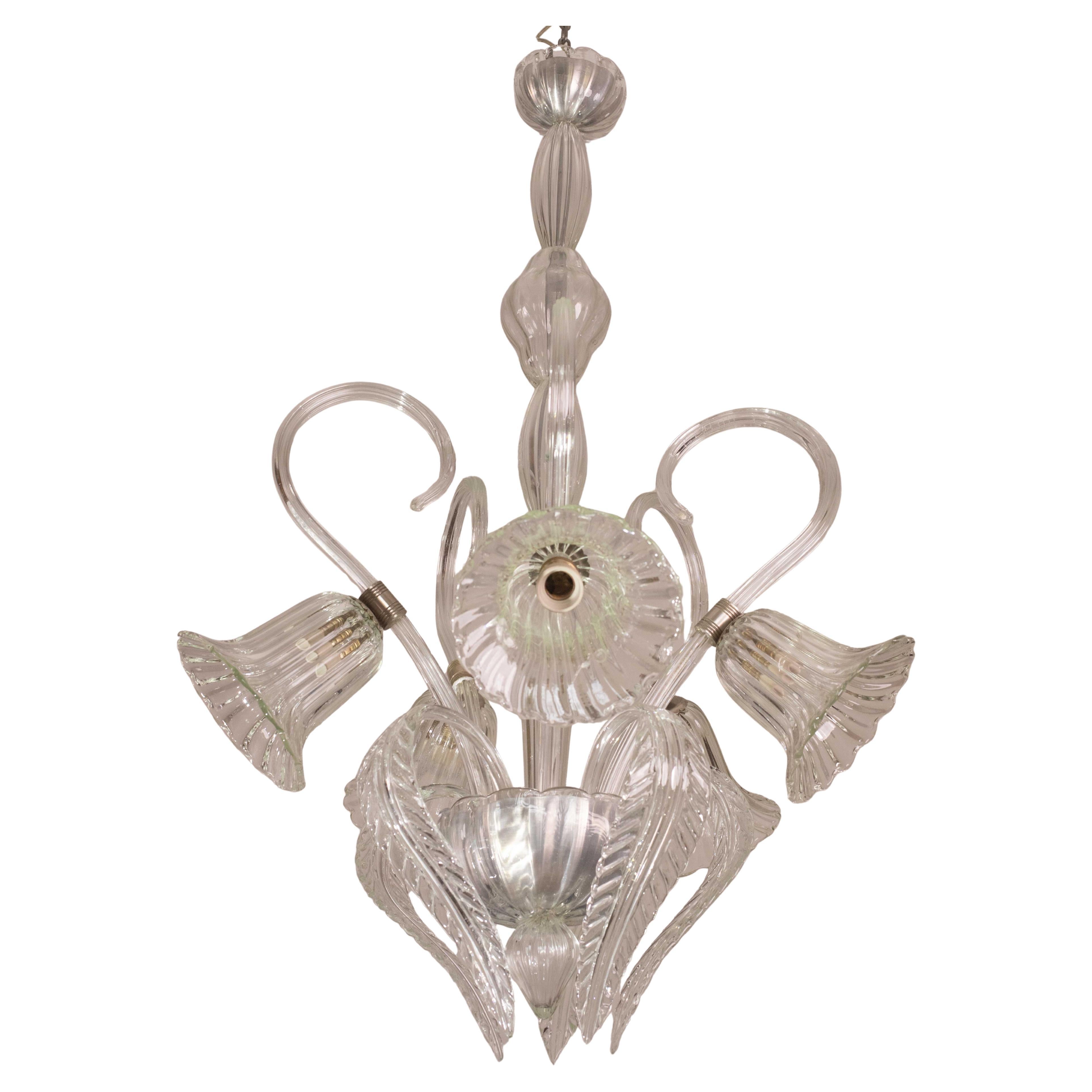 Amazing 5 Light Art Deco Murano Glass and Brass Chrome Chandelier by Barovier