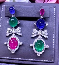 AIG Certified 49.90 Ct Emeralds Ruby Tanzanites Tourmaline Diamonds Earrings