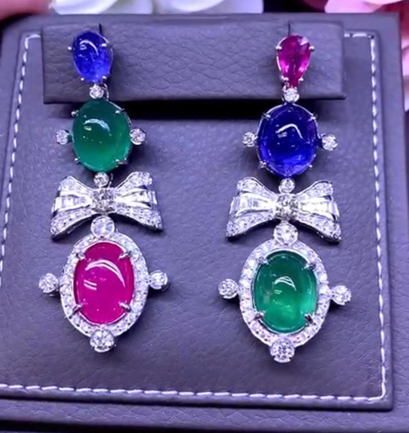 Women's AIG Certified 49.90 Ct Emeralds Ruby Tanzanites Tourmaline Diamonds Earrings For Sale