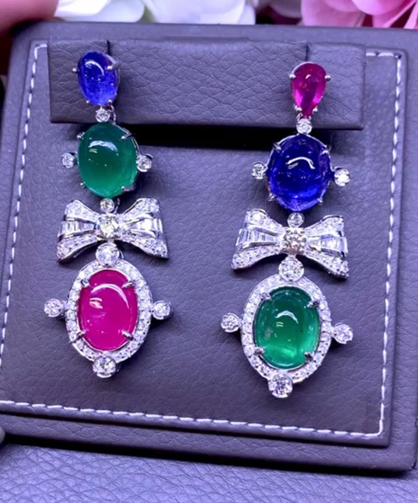 AIG Certified 49.90 Ct Emeralds Ruby Tanzanites Tourmaline Diamonds Earrings For Sale 1