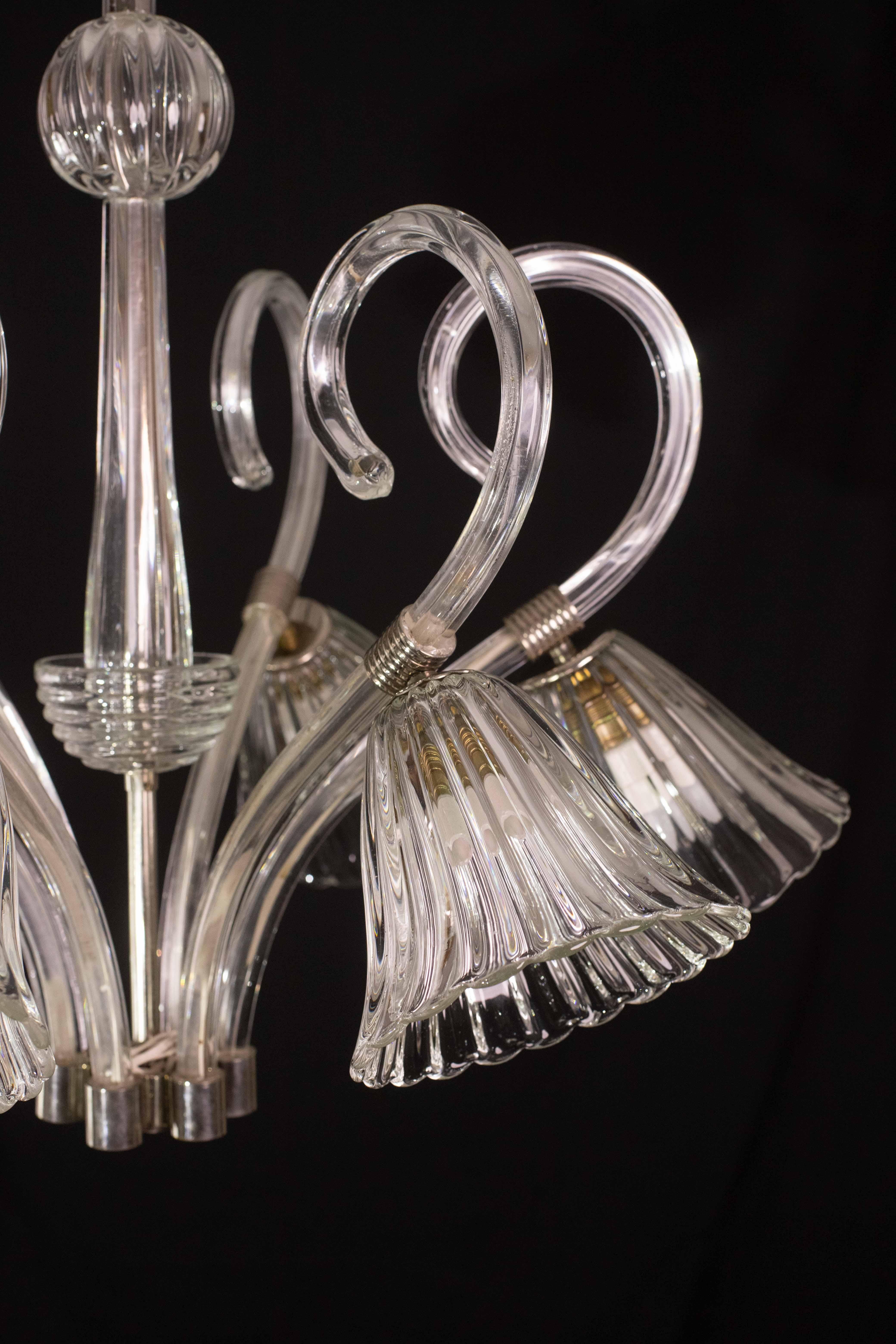 Amazing 6 Light Art Deco Murano Glass and Brass Chrome Chandelier by Barovier For Sale 6