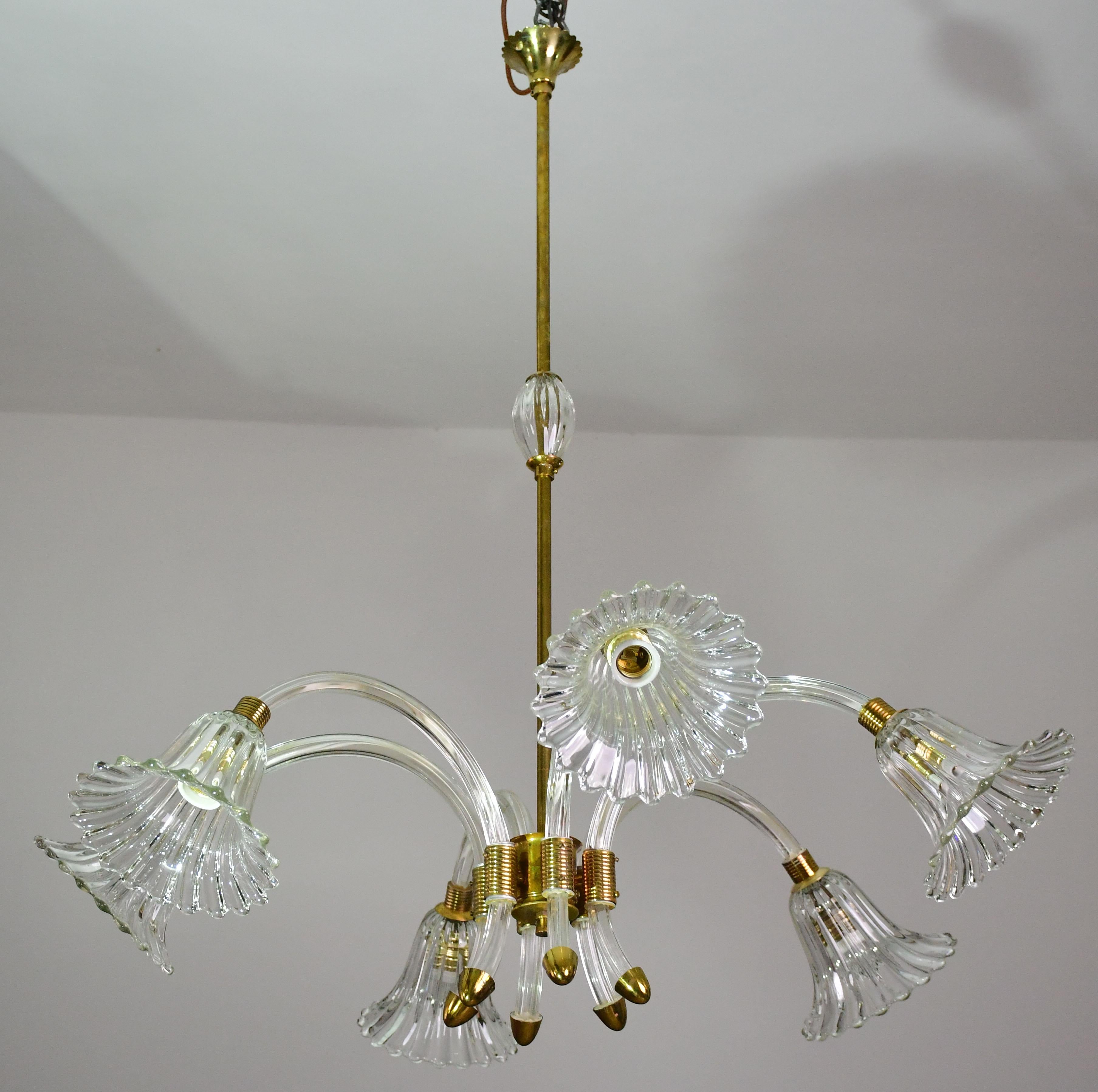 Incredibile lampadario a 6 luci Art Deco in vetro di Murano e ottone cromato di Barovier in vendita 4