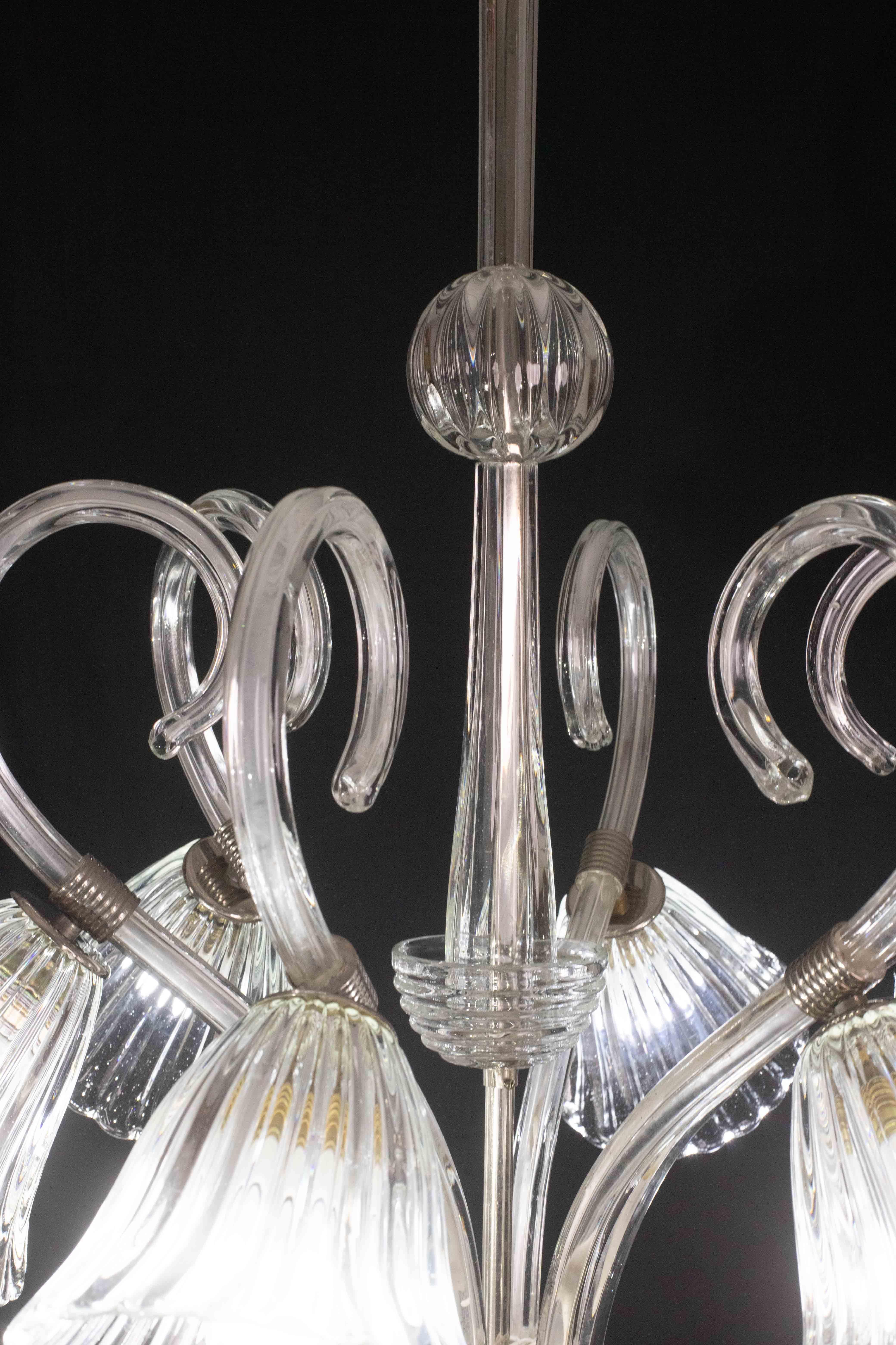 Amazing 6 Light Art Deco Murano Glass and Brass Chrome Chandelier by Barovier For Sale 7