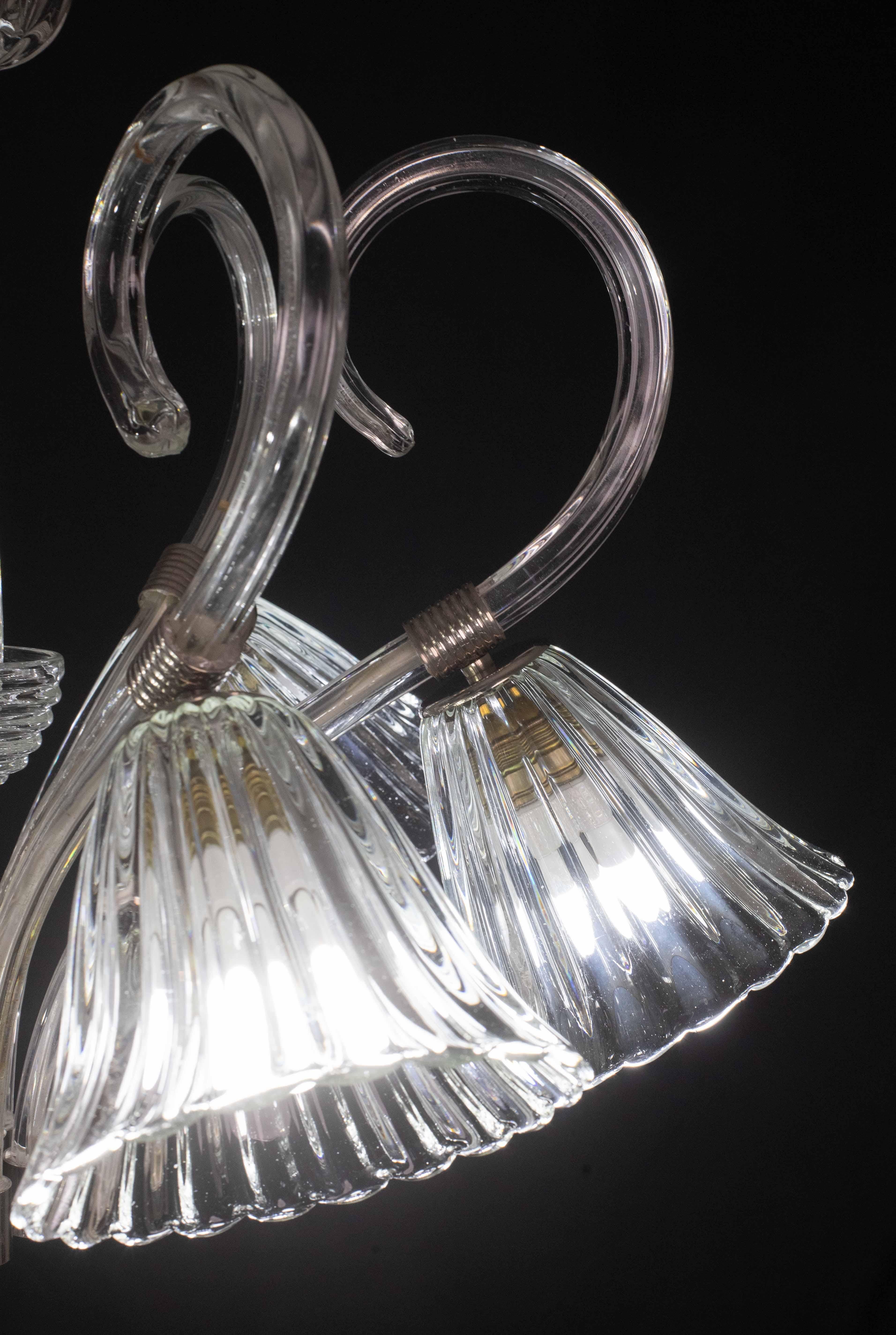 Amazing 6 Light Art Deco Murano Glass and Brass Chrome Chandelier by Barovier For Sale 8