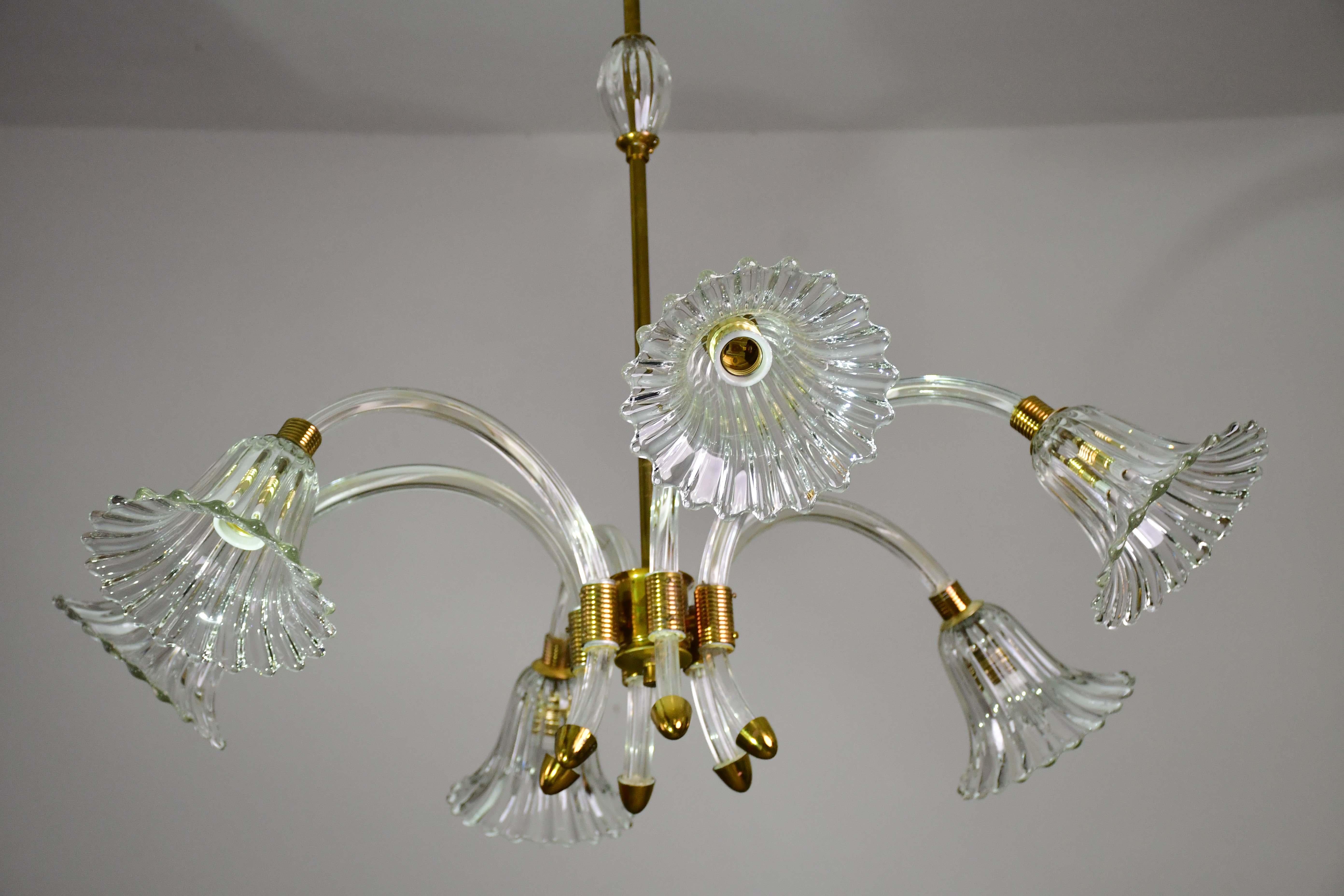 Incredibile lampadario a 6 luci Art Deco in vetro di Murano e ottone cromato di Barovier in vendita 6