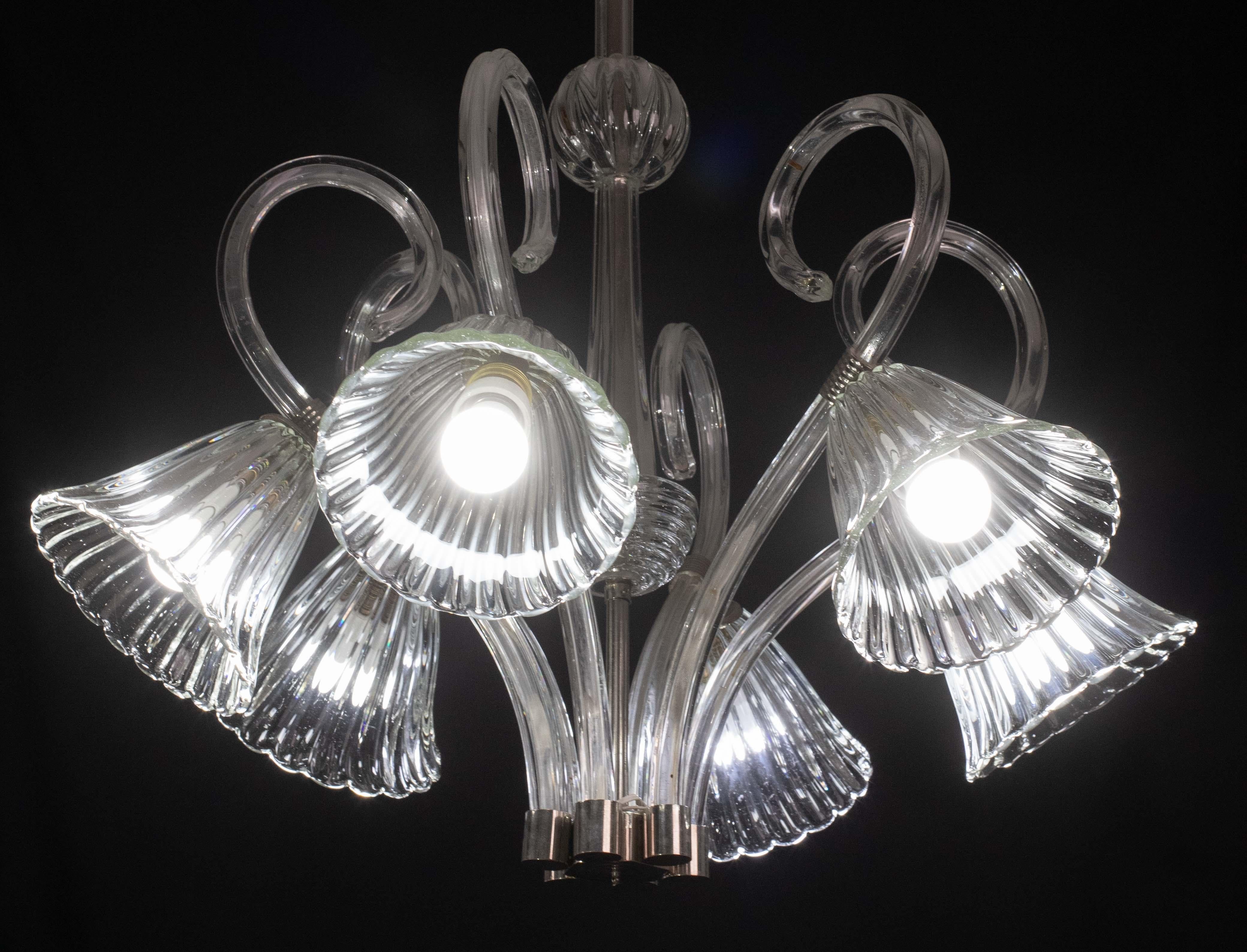 Amazing 6 Light Art Deco Murano Glass and Brass Chrome Chandelier by Barovier For Sale 9