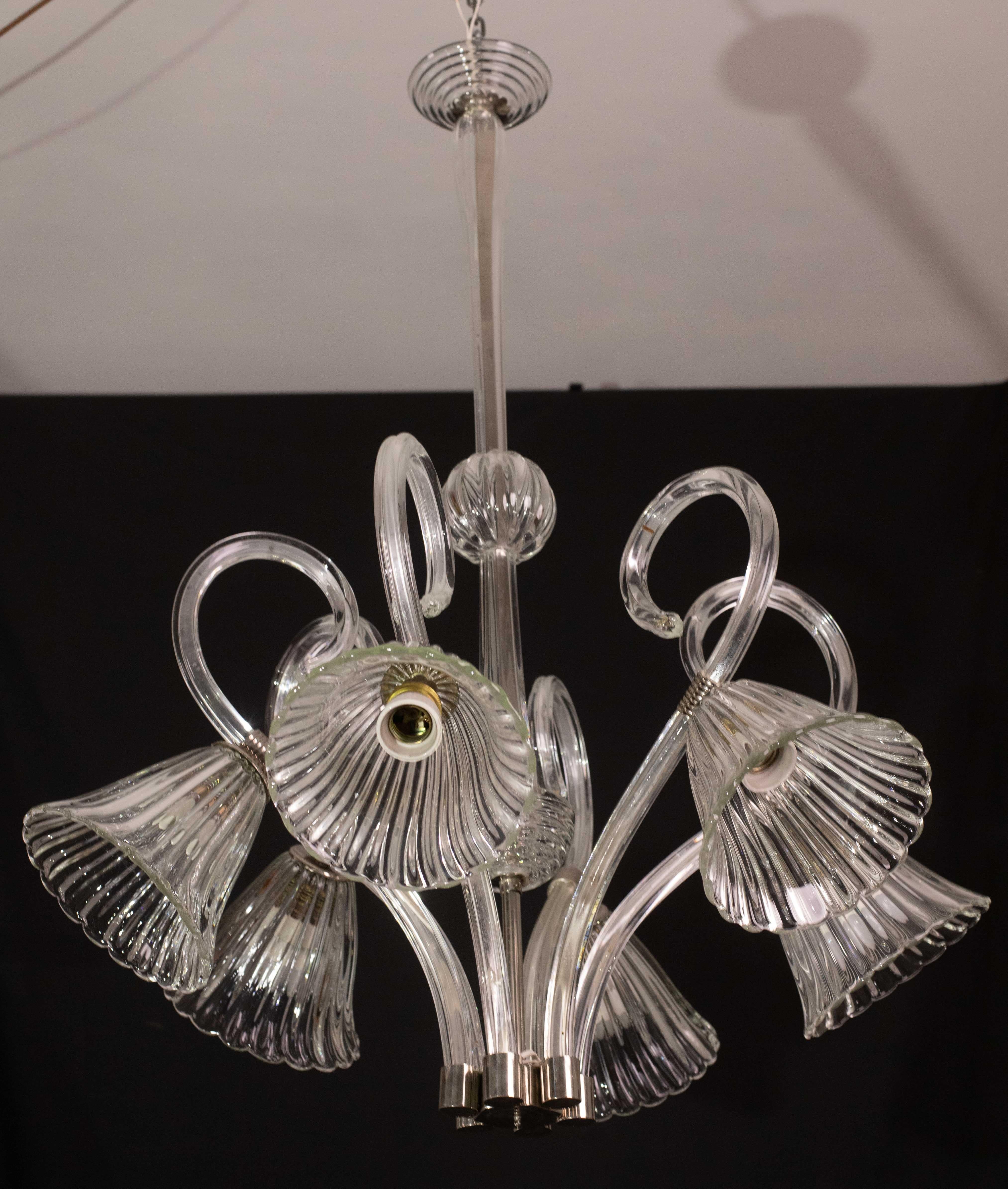 Amazing 6 Light Art Deco Murano Glass and Brass Chrome Chandelier by Barovier For Sale 10
