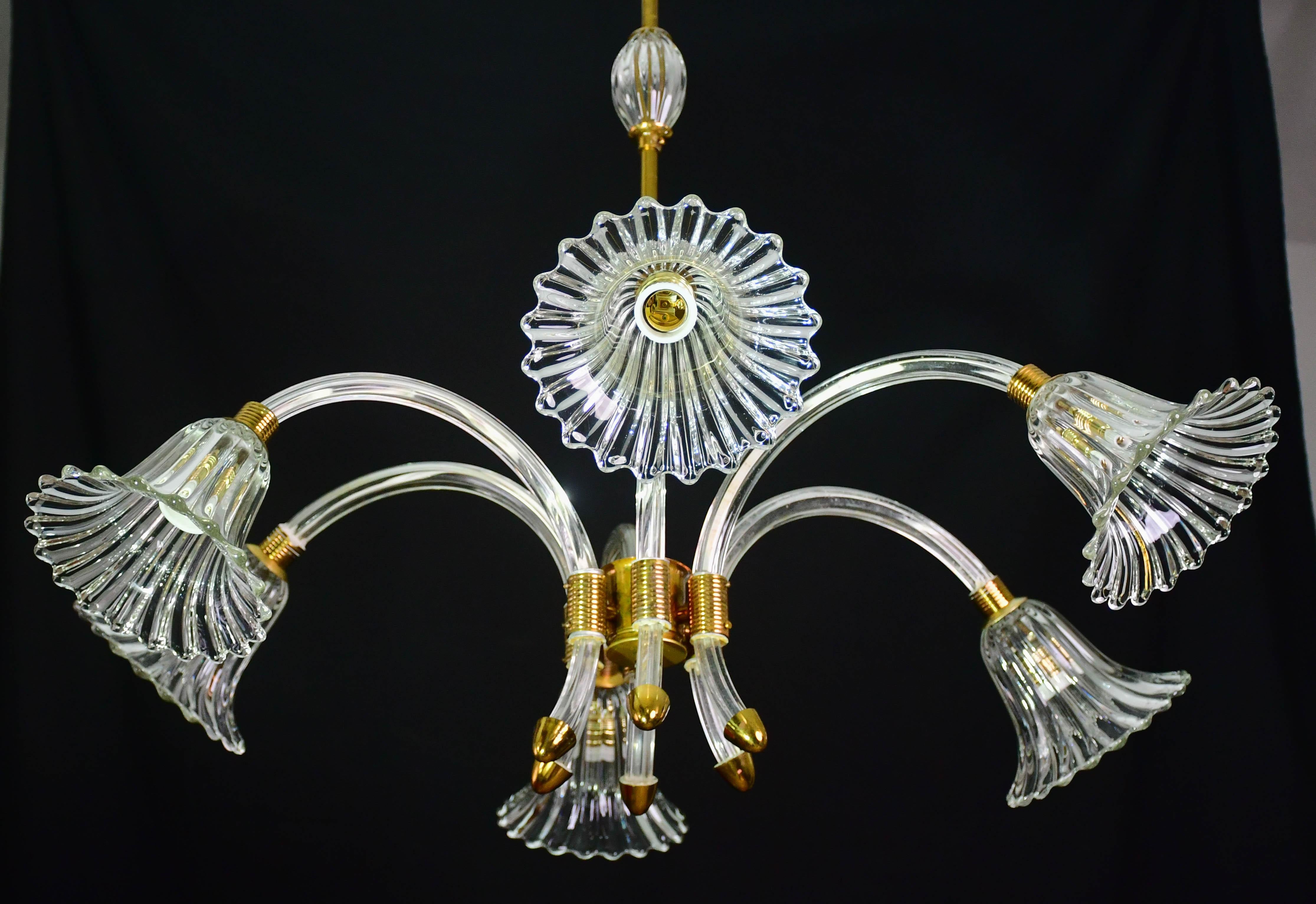 Incredibile lampadario a 6 luci Art Deco in vetro di Murano e ottone cromato di Barovier in vendita 8